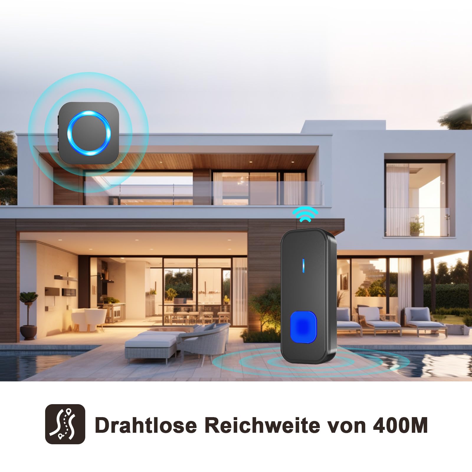SURFOU Bezprzewodowy dzwonek do drzwi z odbiornikiem plug-in, zasięg 400 m, wodoszczelny, 55 dźwięków dzwonków, 5 głośności, migające diody LED, czarny