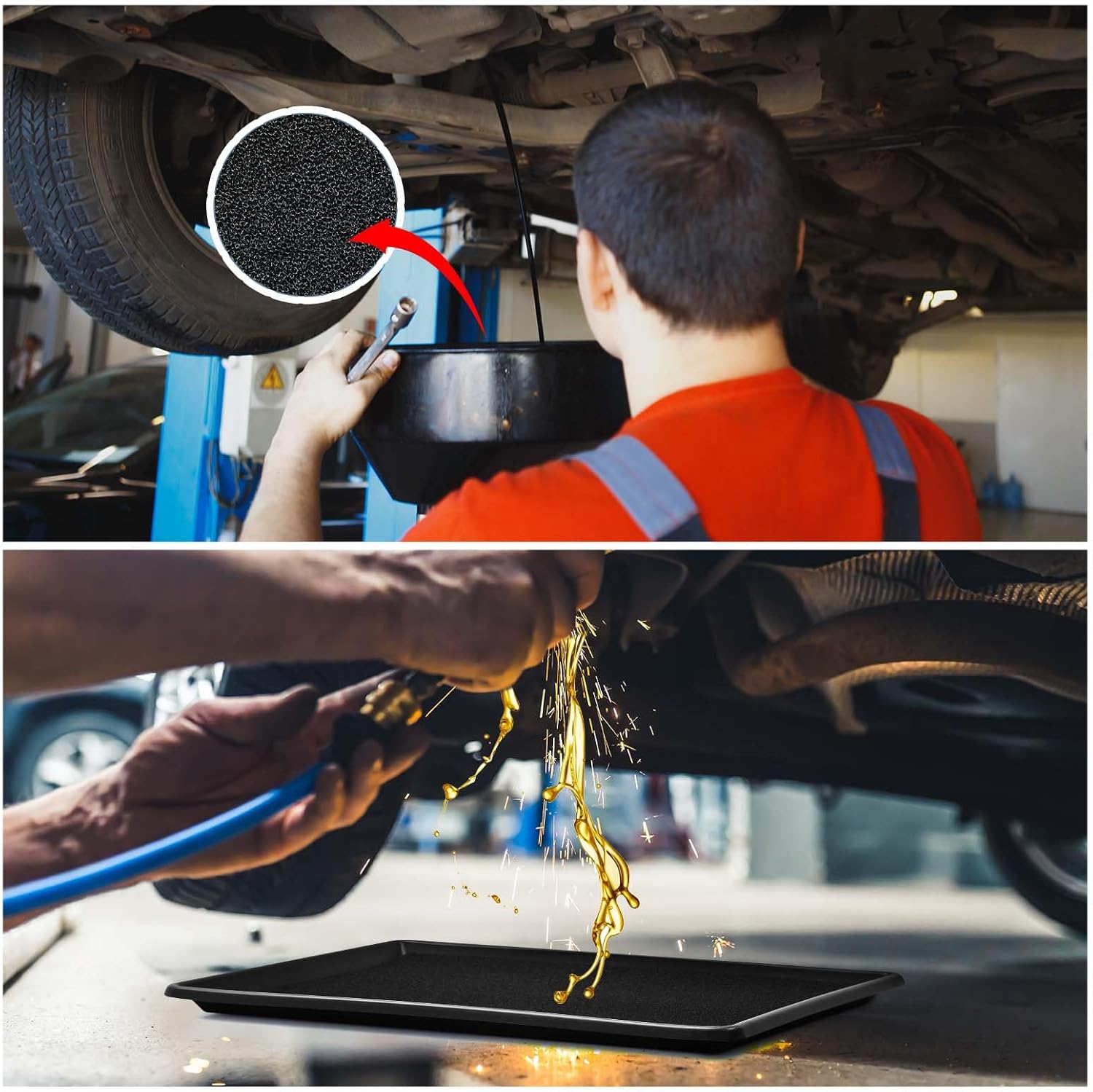 Uiifan 1 Set 27'' x 20''x 1.4'' Oil Drain Drip Pan for Car with Square No Splatter Pad Oil Drip Tray with Mat for Under Car Transmission Garage Automotive Driveway to Keep Floor Clean, Black