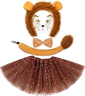 5 Pcs Lion Costume Set Lion Ears Headband Tail Bowtie Tutu Skirt and Lion Face Sticker for Girls Kids Halloween Cosplay Party