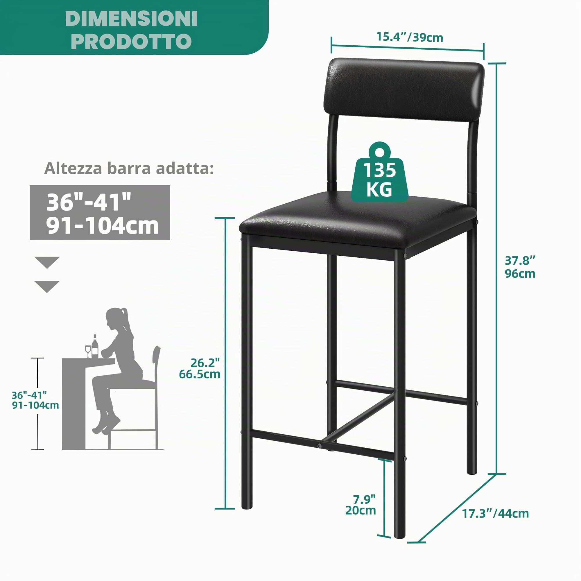 YITAHOME Set di 2 sgabelli da bar, seduta alta con seduta e schienale imbottiti, sgabelli industriali per cucina/sala da pranzo, sedie da bar con poggiapiedi ergonomico, nero
