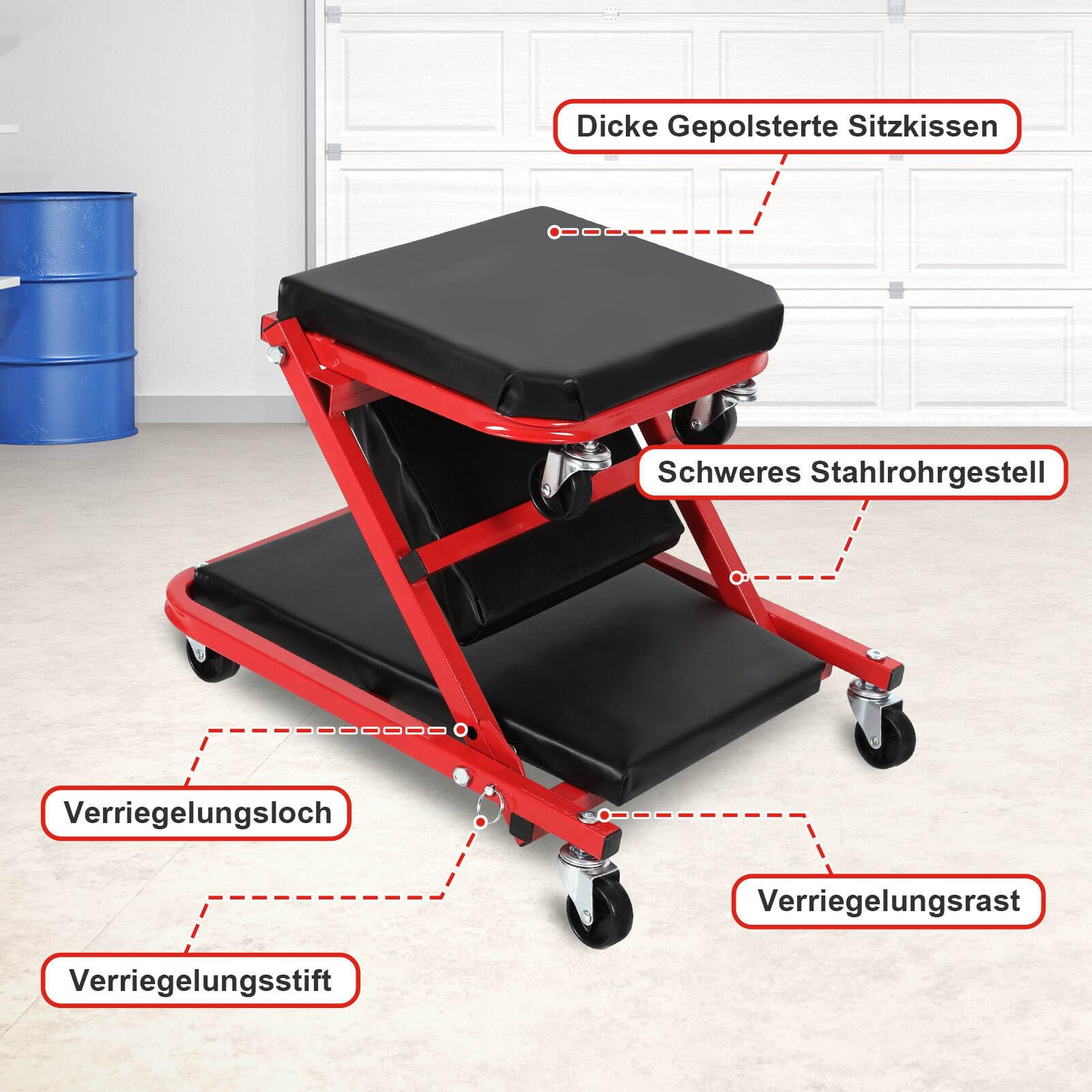 Deska montażowa 2 w 1, warsztatowa deska na kółkach do 150 kg, taboret warsztatowy, stół montażowy z kółkami 360°, leżak warsztatowy i siedzisko na kółkach, funkcja siedzenia i leżenia do
