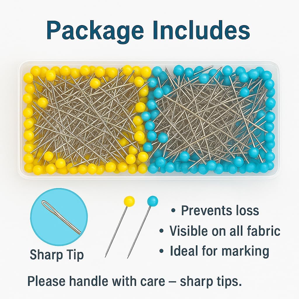 1200 PCS Straight Pins,1.75IN Quilting Pins Long,Yellow and Blue Glass Head Sewing Pins for Fabric,Stainless Steel Dressmaker for Sewing, Crafts, Jewelry Making, DIY