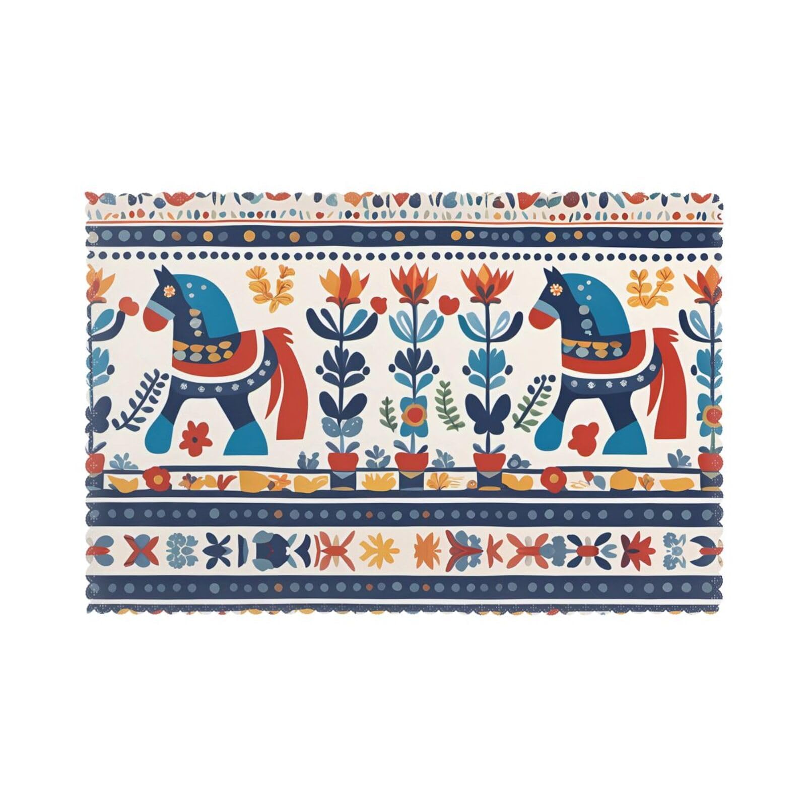 WHJSSF Swedish Dala Horse Folk Prints Placemats Set of 6 12x18in - Durable Table Layers with Heat-Resistant & Wrinkle-Free Polyester