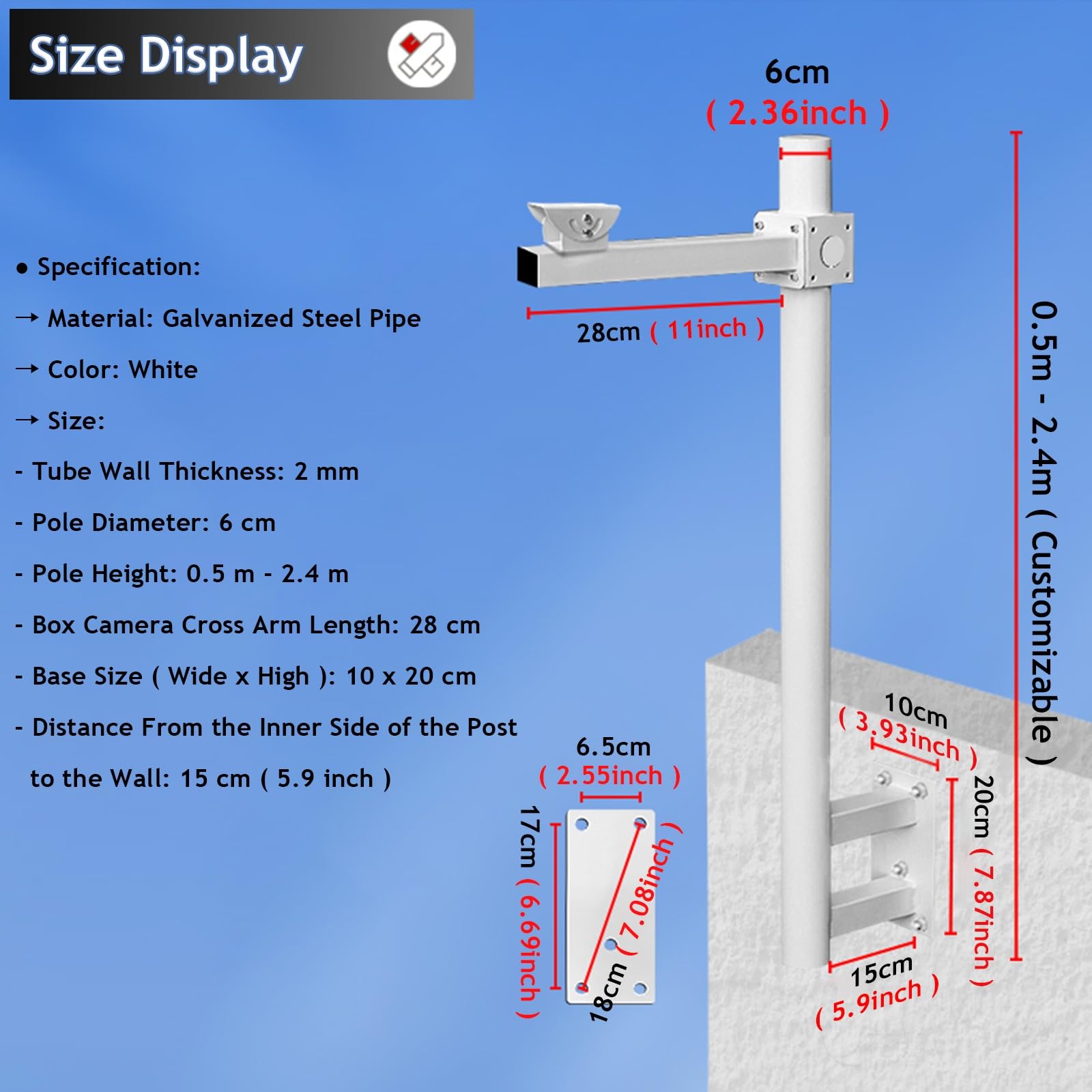 Wandhalterung für Überwachungskameras, Metall-Überwachungshalter für CCTV/IP/PTZ/Dome/Box-Kamera, Innenhof-Lichtpfostenhalterung, 500 mm