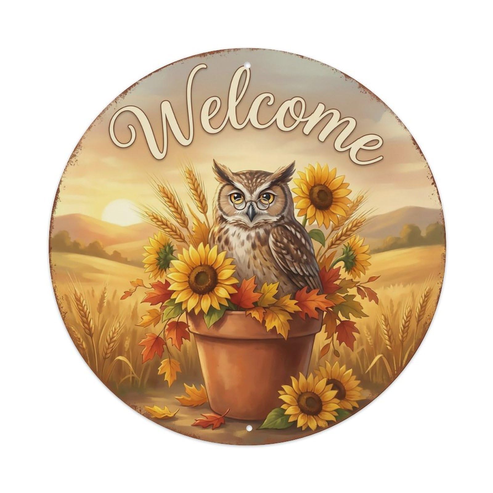 Welcome Owl Autumn Sunflowers Metal Tin Sign