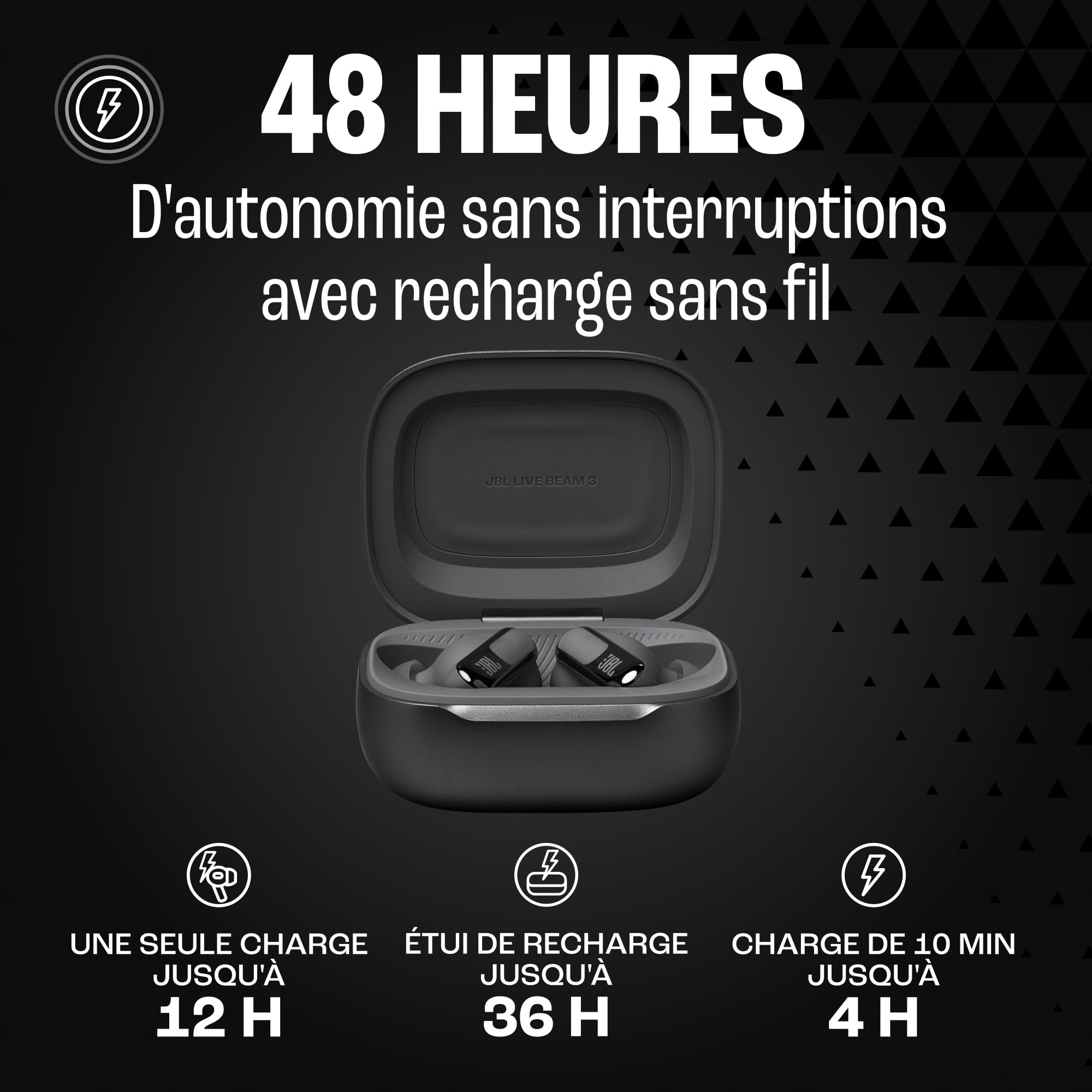 JBL Live Beam 3, Écouteurs sans fil avec oreillettes, Bluetooth, jusqu'à 48 h d'autonomie, Réduction de Bruit Active, son haute fidélité JBL Signature, étanches à l'eau IP55, noir