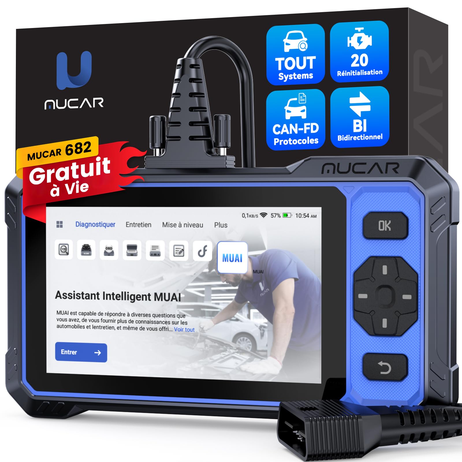 MUCAR 682 Diagnostic Intelligent par IA Valise Diagnostic Auto, Diagnostic Complet du Système, Tests Actifs Bidirectionnels, 20 Réinitialisations, Guide V.A.G, FCA AutoAuth, CANFD (MUCAR 682-FR)