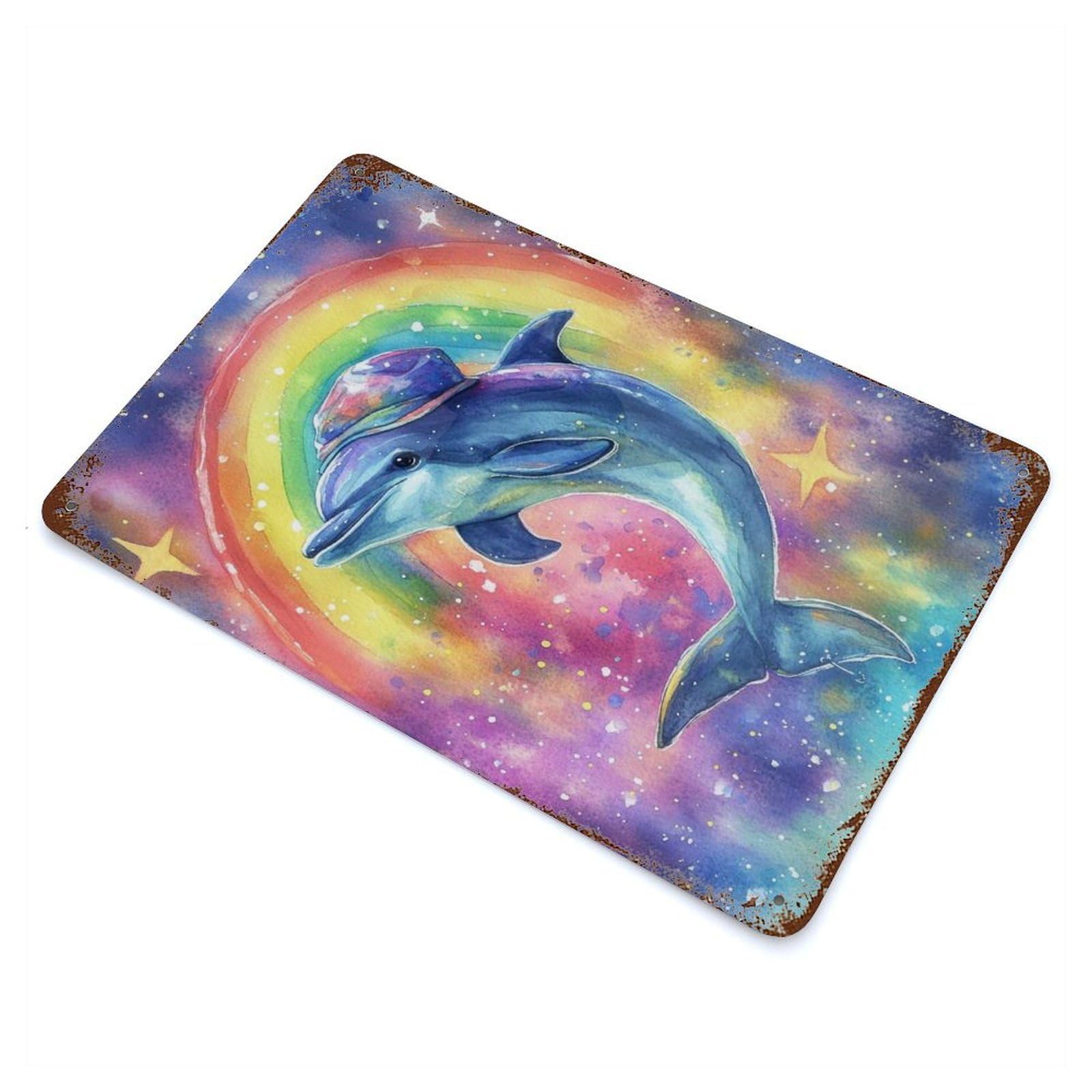 Rust Effect Rainbow Dolphin Watercolor Rusty Metal Tin Sign 11.8"x7.9", Old School Wall Decor for Basement, Hobby Room And Garage Decor