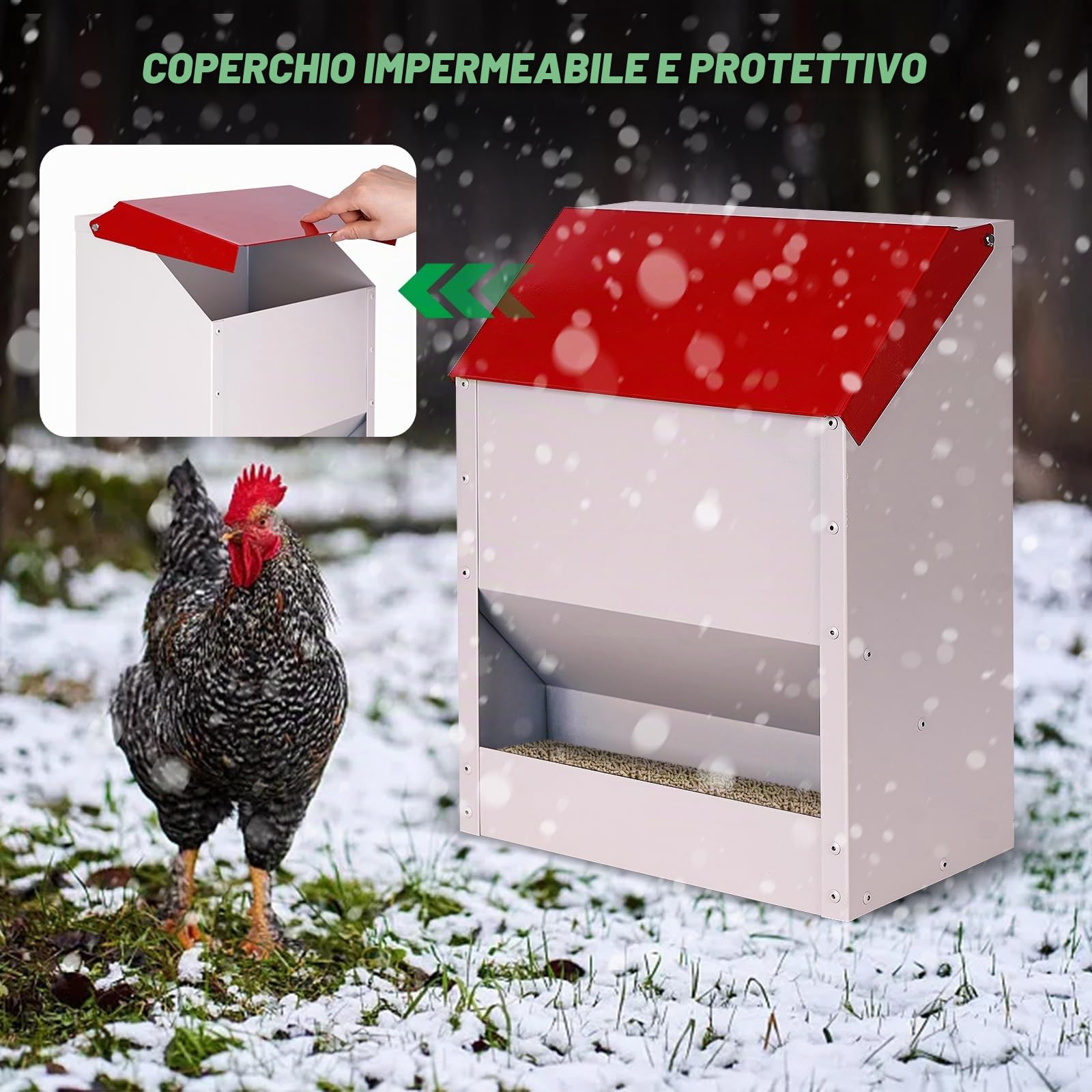 Mangiatoia Automatica per Polli, Mangiatoia per Pollame da 10 Kg Antispreco Mangiatoia per Pollame Appesa con Coperchio per Galline Anatre Oche