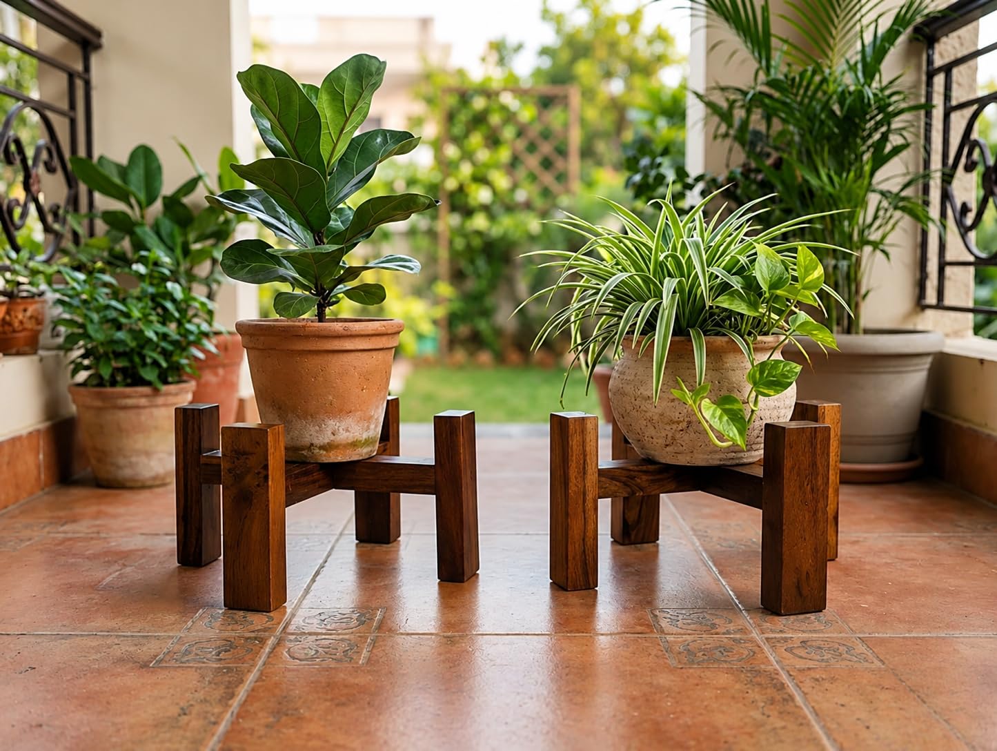 REDWOOD Sheesham Wood Plant Stand Set of 2 | Indoor & Outdoor Flower Pot Holder for Living Room, Balcony, Patio & Garden | Heavy Duty Wooden Planter Display Rack | Walnut Finish-image-47