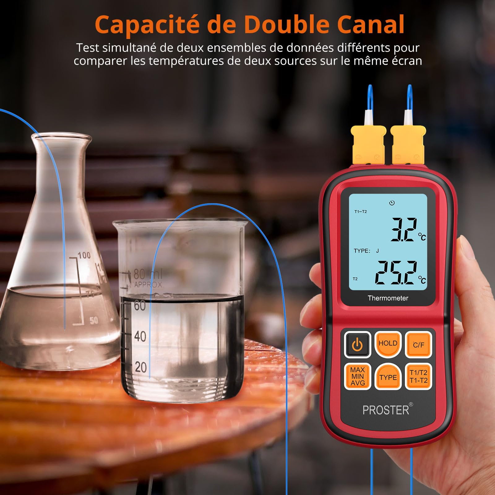 Proster Thermomètre Numérique à Double Canal avec Deux Thermocouples de Type K Thermomètre Industriel avec Rétroéclairage LCD pour Thermocouple K/J/T/E/R/S/N