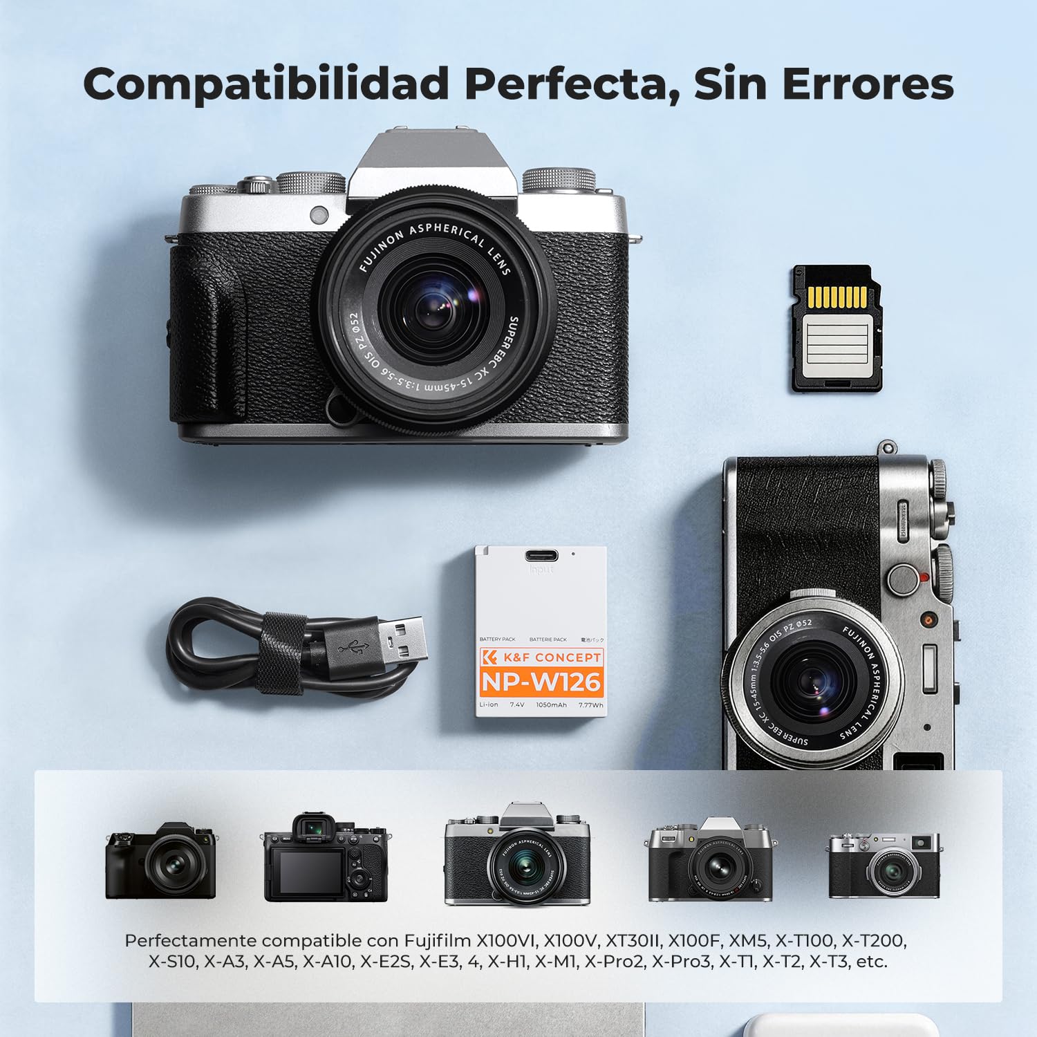 K&F CONCEPT NP-W126S NP-W126 Baterías Paquete de 2x1050mAh Baterías de Carga Directa de USB-C Compatible con Fujifilm X100VI, XM5, XE5, X Half, X-S10, XT30, XT30 II, X100V, XS10, XT50