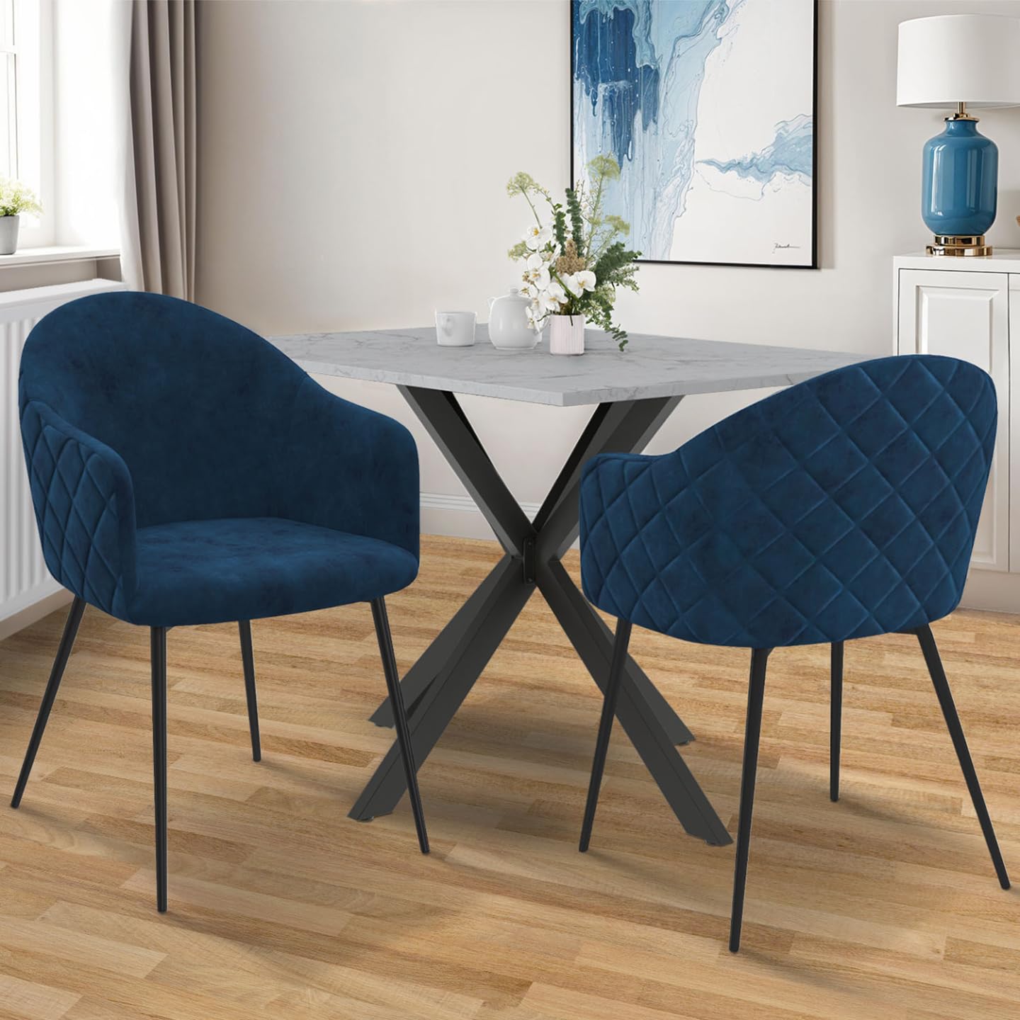 IDMarket - Set di 2 sedie da pranzo e poltrone da tavolo MOLY in velluto goffrato blu anatra
