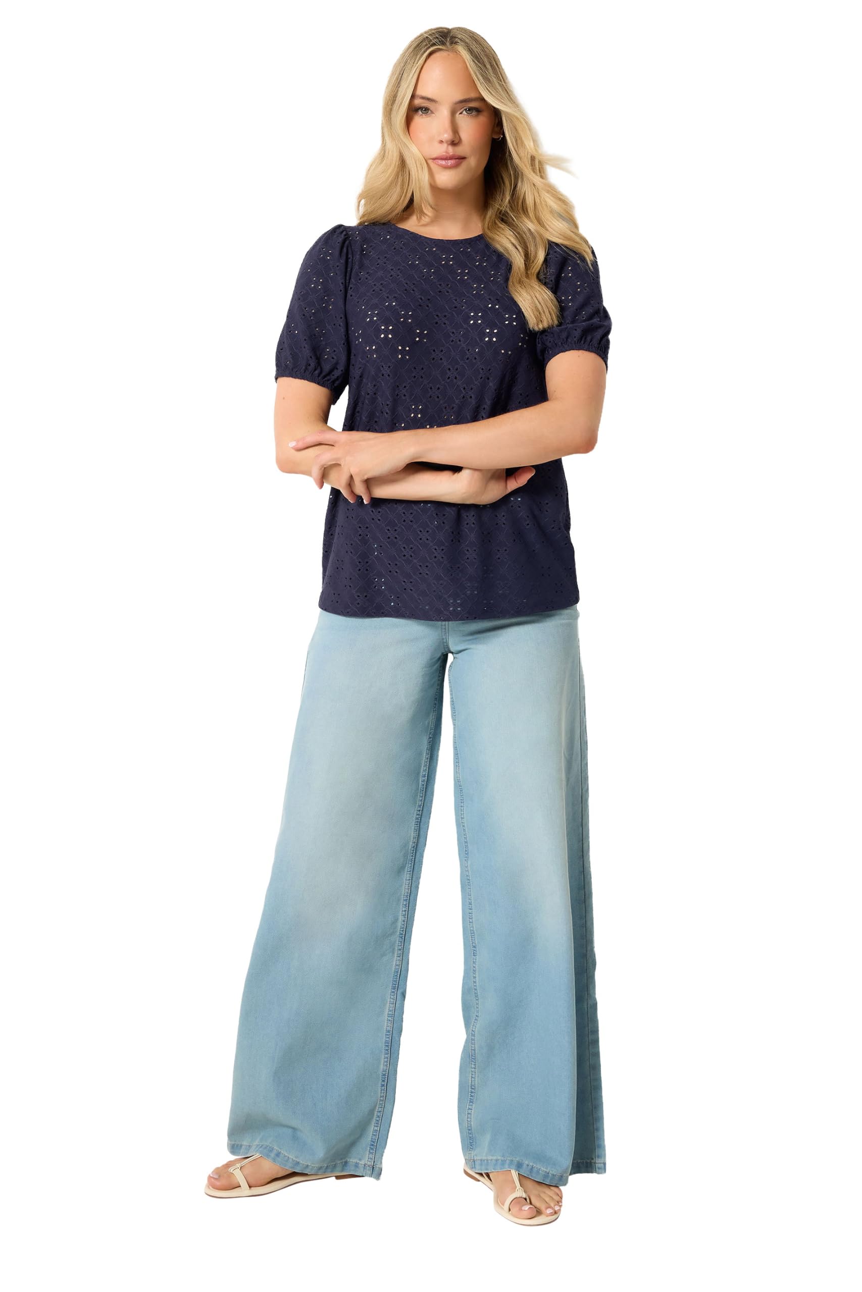 Long Tall Sally Women's Mid Navy Tall Broderie Anglaise Puff Sleeve Top In | Size: 20
