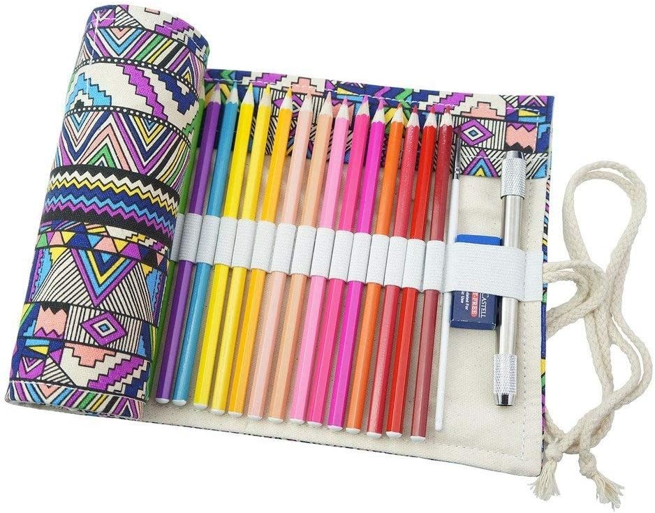 CreooGo Canvas Pencil Wrap, Pencils Roll Case Pouch Hold For 48 Colouring Pencils (Pencils are not included)-Bohemian,48 Holes