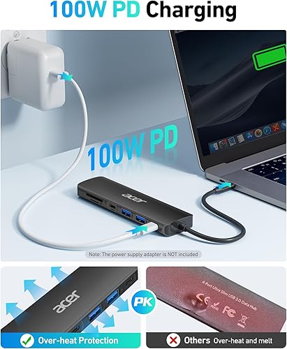 Miniatura 4 de Acer USB C Hub, Dock USB-C a HDMI 7 en 1, 2 USBA 3.1 GEN1 y puerto de datos Type-C de 5Gbps, puerto HDMI 4K, carga PD de 100W, lector de tarjetas