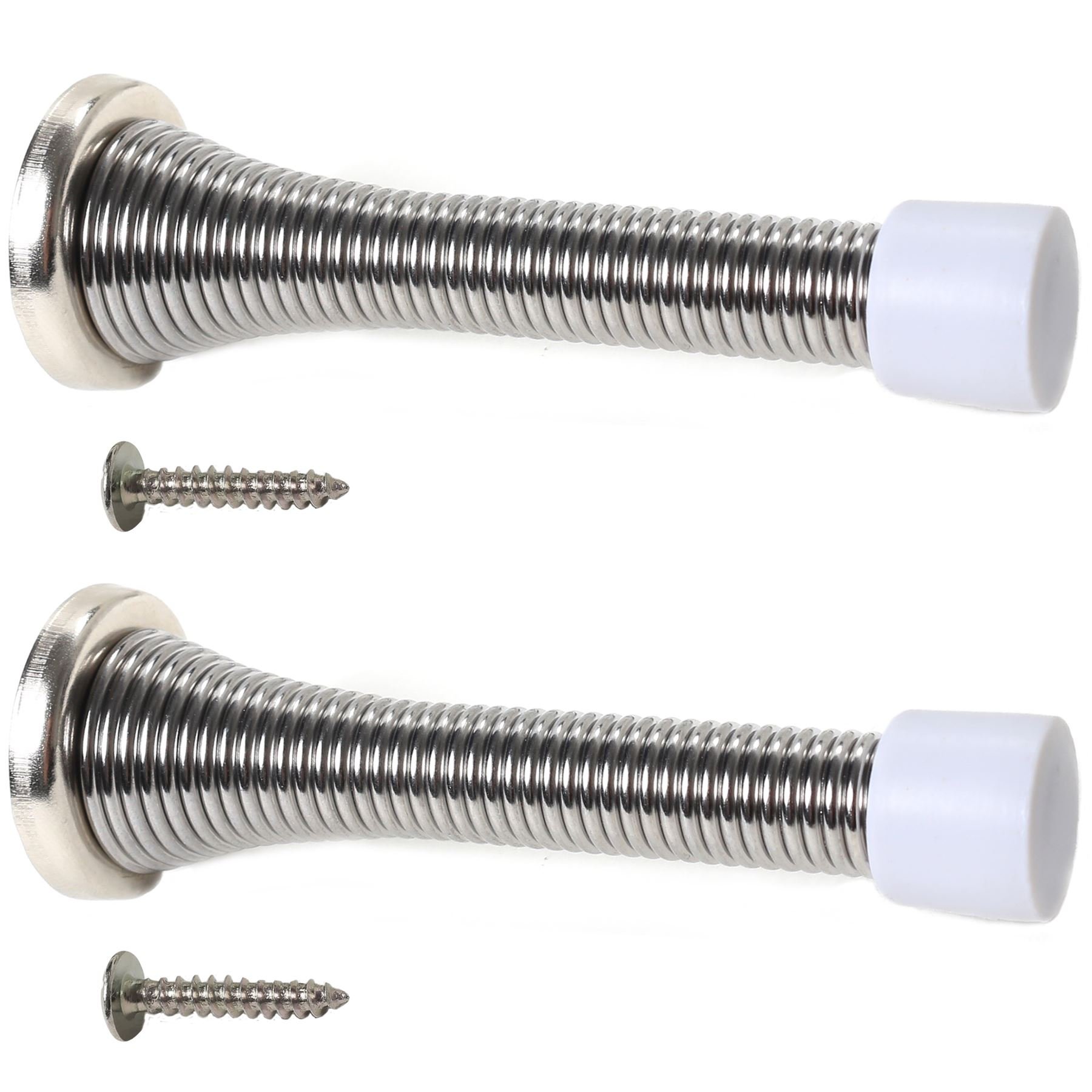 White Hinge Chrome 2X Wall Mounted Spring Door Stops - Skirting Board Sprung Stoppers