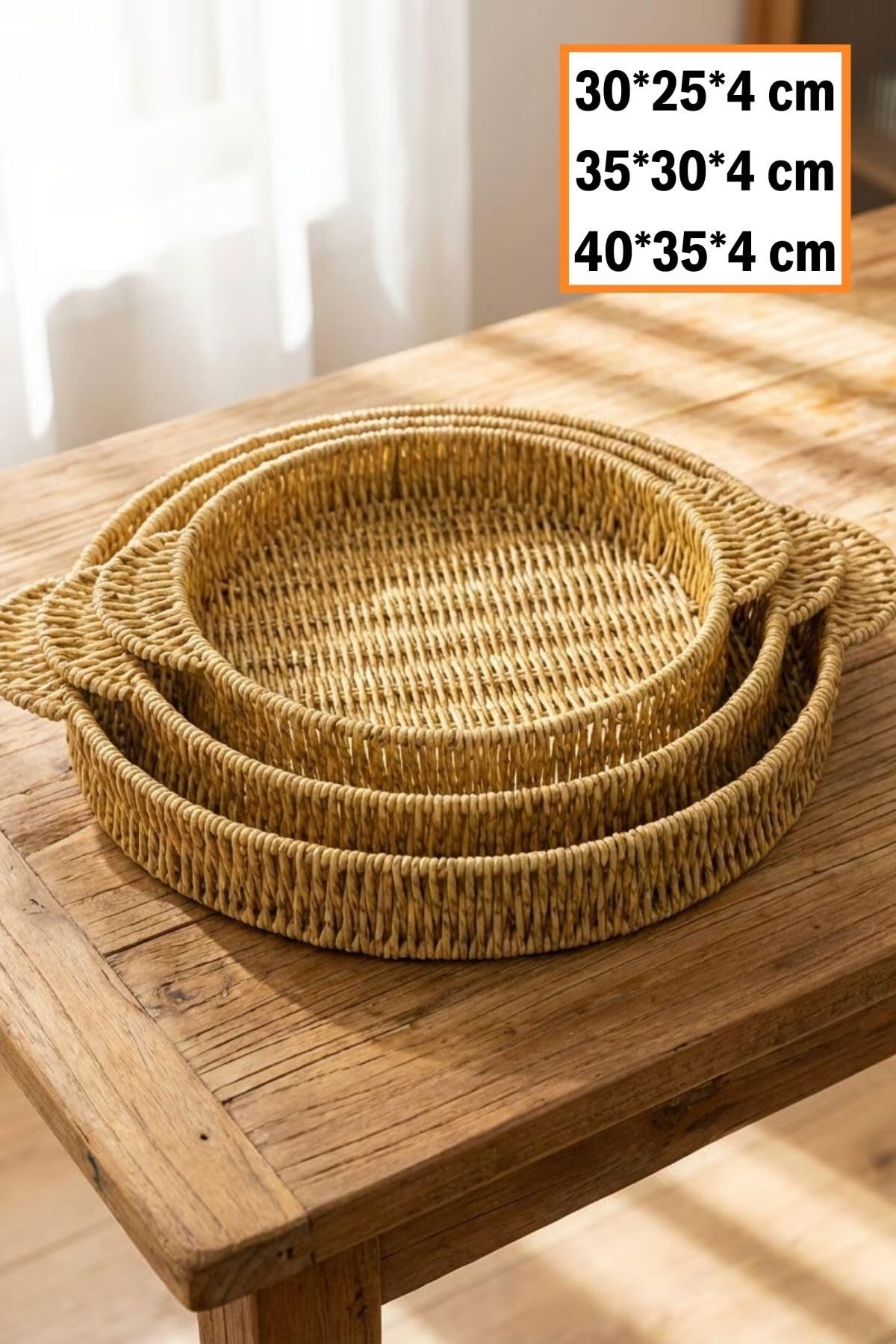 BUFFER İç İçe Geçebilen 3'lü Yuvarlak Hasır Görünümlü Plastik Rattan Servis Tepsi Seti, Çok Amaçlı Sunum Tepsileri, 30x25x4 cm, 35x30x4 cm, 40x35x4 cm