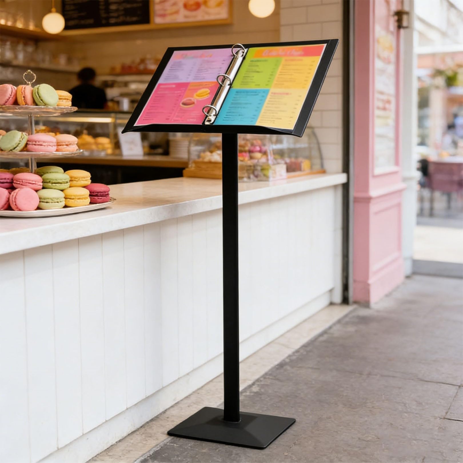 Atril independiente negro, robusto podio de base de hierro para altavoces.Soporte de exhibición de menú de acrílico versátil con carpeta de flip extraíble.Ideal para restaurantes, conferencias, evento