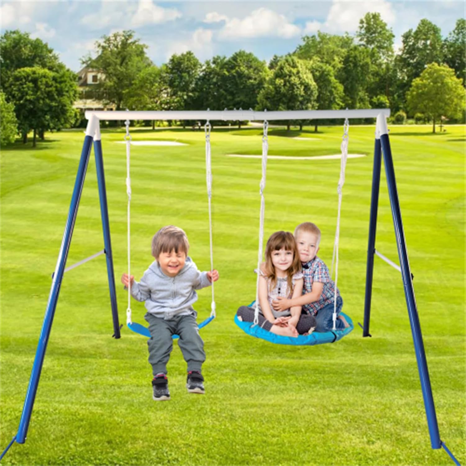 Indoor/Outdoor Metal Swing, Kids Swing, 2 in 1 Swing Set, Saucer Swing and Ribbon Swing seat for Backyard Garden Playground
