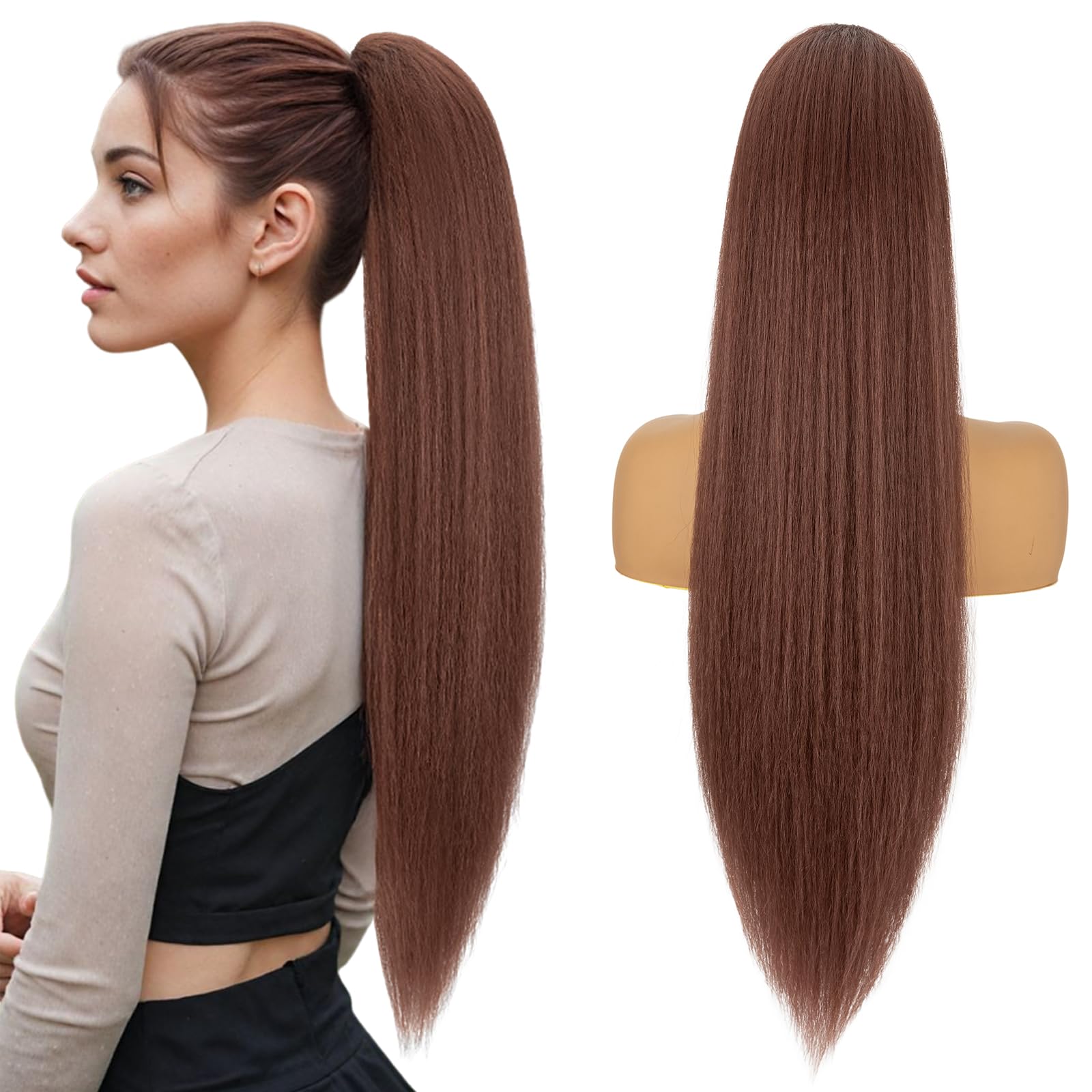 Silk-co Yaki Hair Ponytail Drawstring Ponytail for Black Women Yaki Straight Ponytail Hair Extension Long Thick Pony Tail Clip in Synthetic Hairpiece 24 Inch(60 cm-150g) Dark Auburn