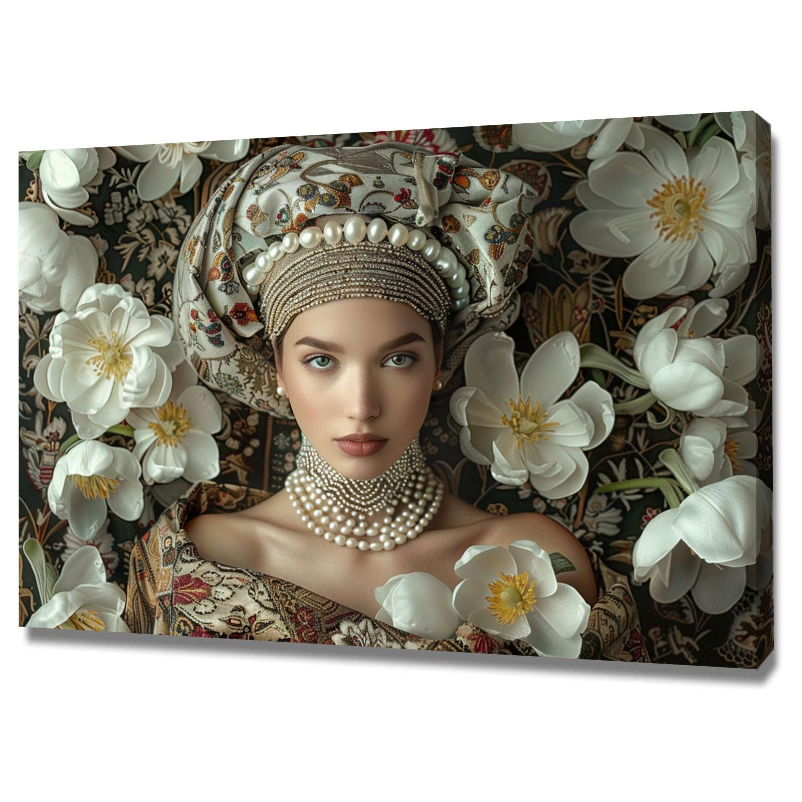 TERUEA Beautiful Girl Animals Poster Canvas Art Wall Decor Woman With Floral Turban And Pearl Necklace Among White Flowers Picture Prints for Girls Room Bedroom Wall Decor(White)-70x100cm Framed