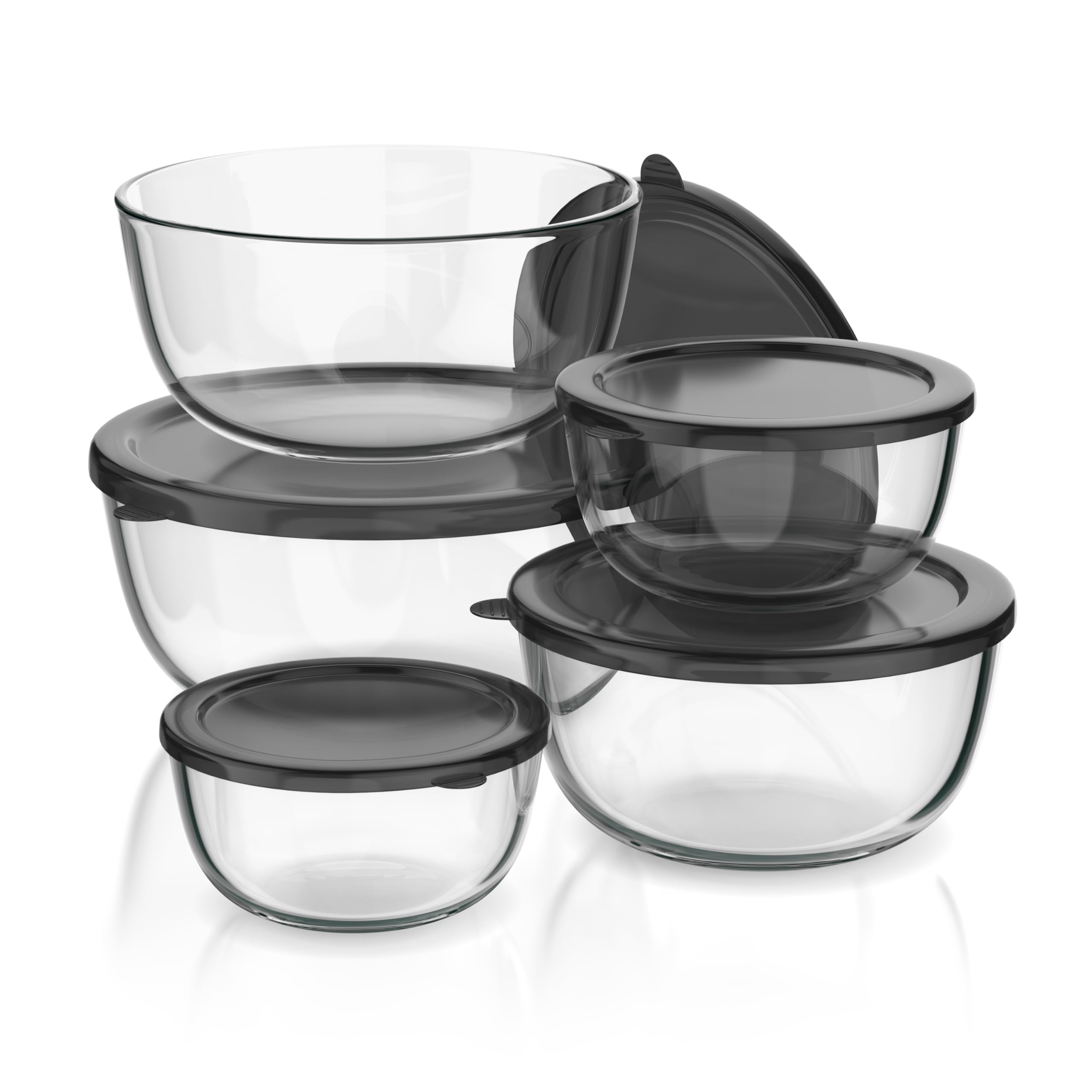 Arendo - Rührschüsseln aus Glas mit Deckel - Glasschüssel 5er Set - 1000ml + 1500ml + 2000ml + 2700ml + 4400ml – Rührschüsseln klein bis groß – Borosilikatglas - Salatschüssel Glasschale Salatglasscha