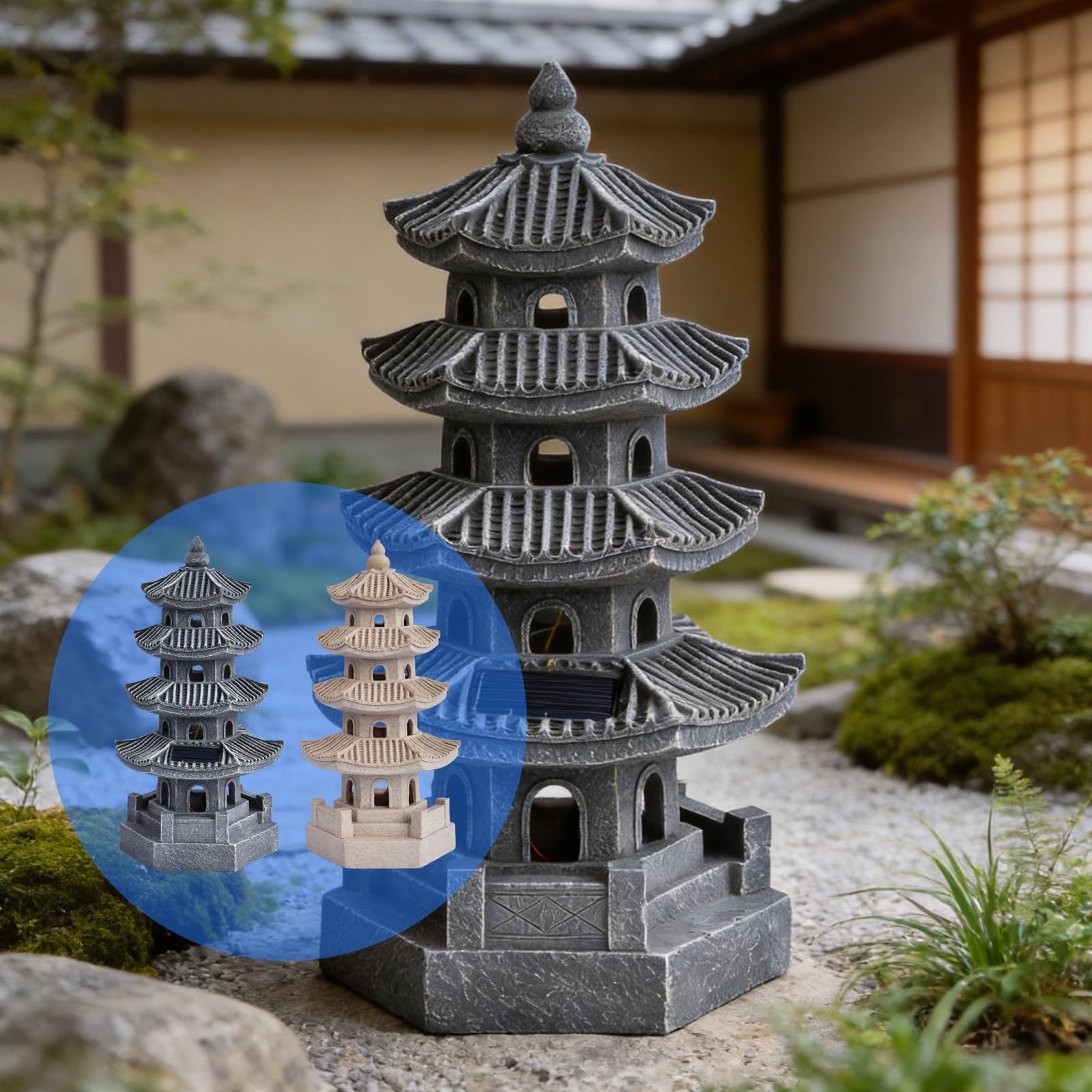Lanterne pagode activée en résine 4 pièces pour le jardin, gris