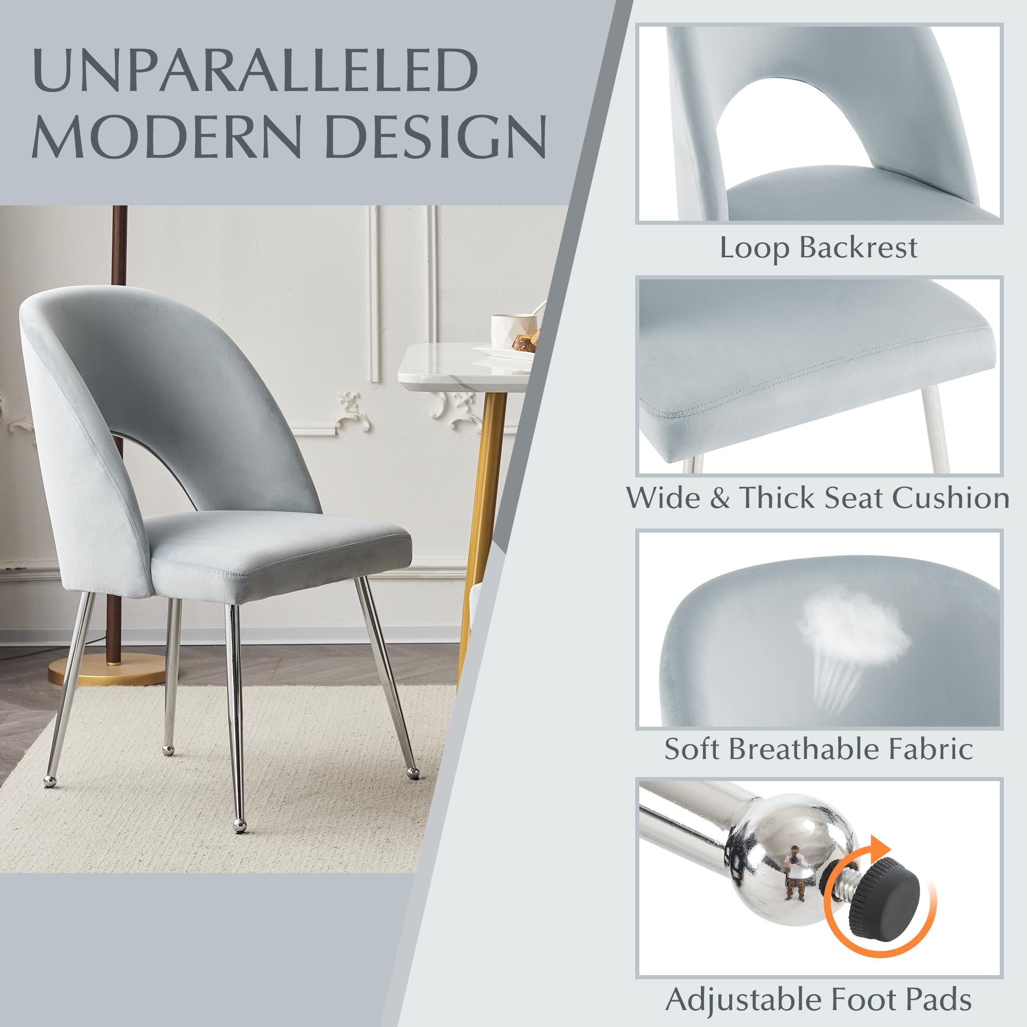 Lot de 2 chaises de salle à manger de luxe en velours gris foncé avec fonction pivotante, pieds en métal, siège élégant et confortable pour décoration de salle à manger élégante