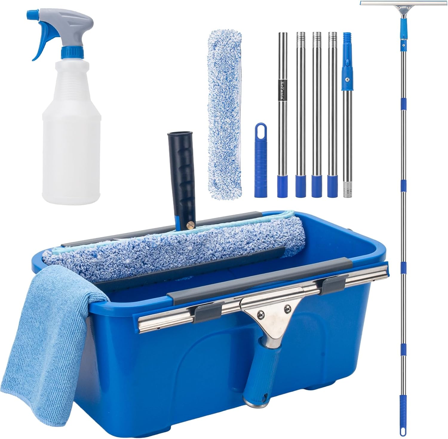 Window Cleaning Kit with 6ft Long Handle, 3 Gallon Bucket,14" Squeegee,15" Microfiber Scrubber,Spray Bottle, Cloth,Professional Window Washing Equipment Cleaner Tool for Outdoor Commercial Household