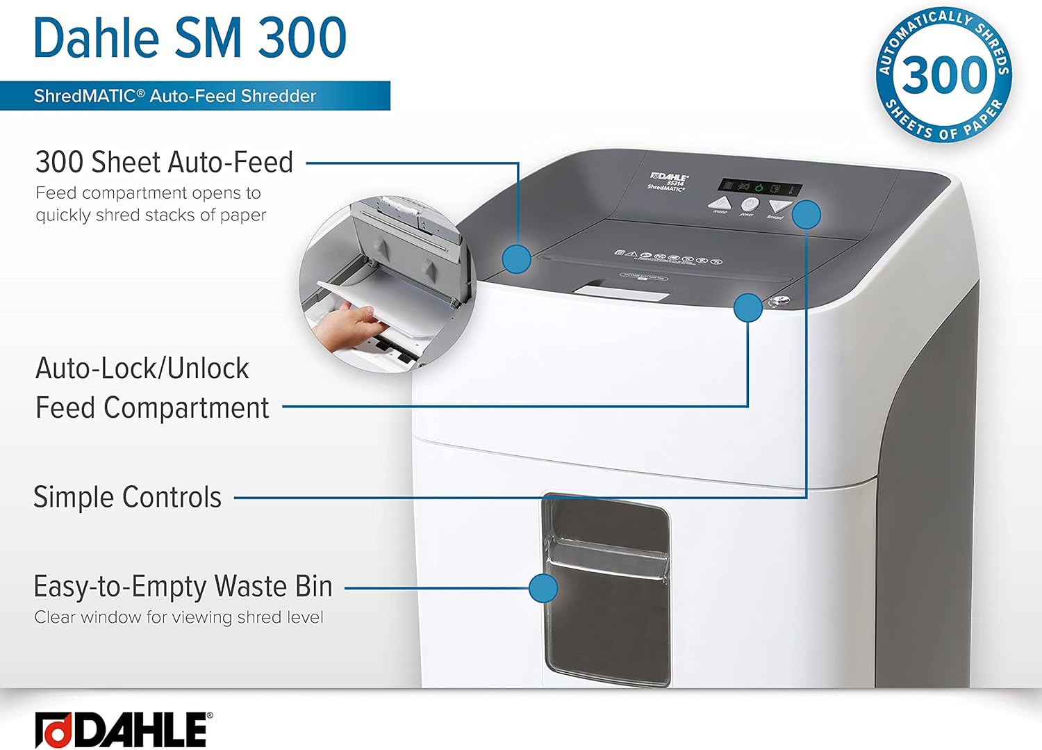 Dahle ShredMATIC SM 300 Auto-Feed Paper Shredder, 300 Sheet Locking bin, Oil-Free, Jam Protection, Security Level P-4, 3-5 Users : Everything Else