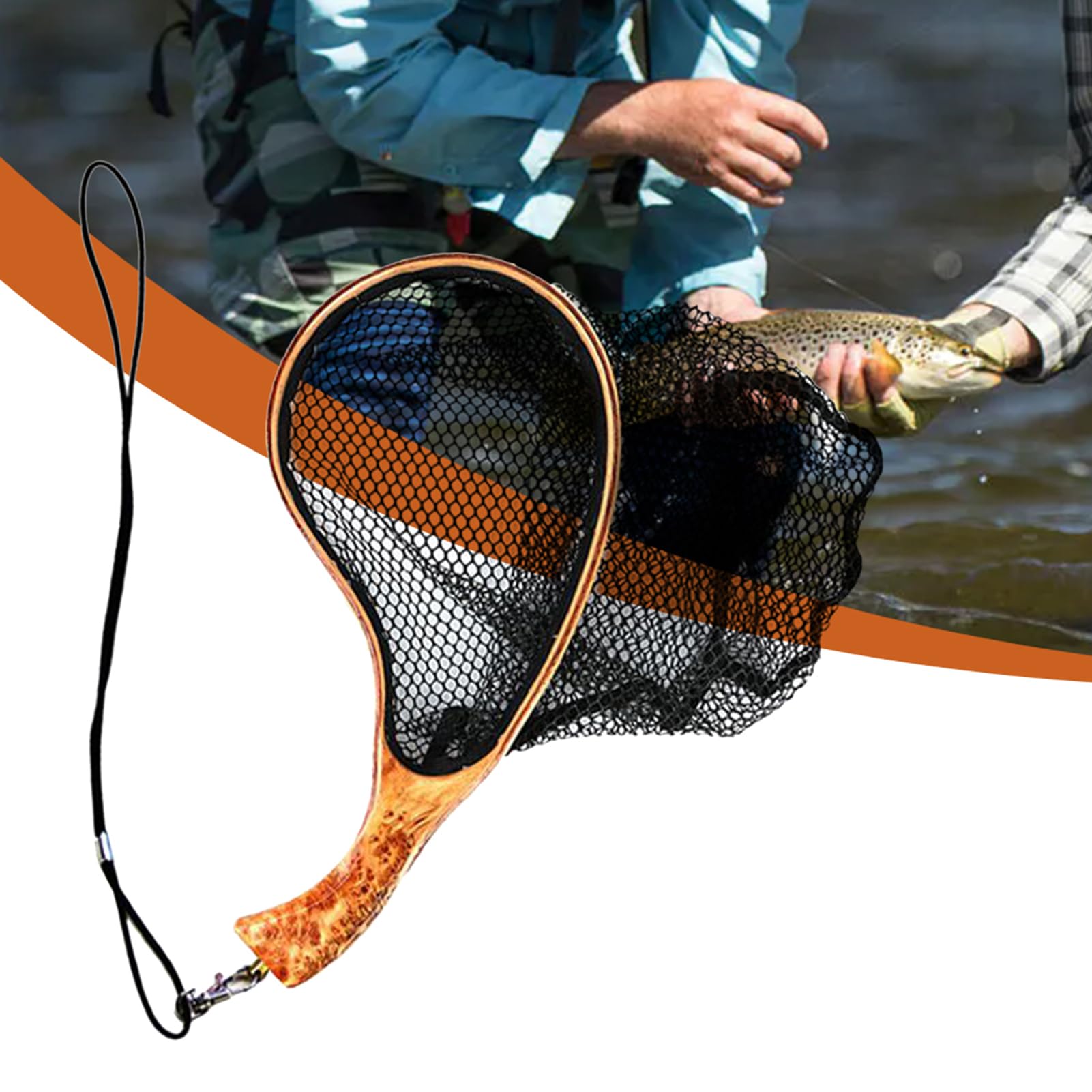Rete da pesca a mosca per trota, rete da pesca per trota, retino da pesca | con manico in legno, rete per laghetto di pesce con rete nera, retino per pesce persico, pesca e rilascio