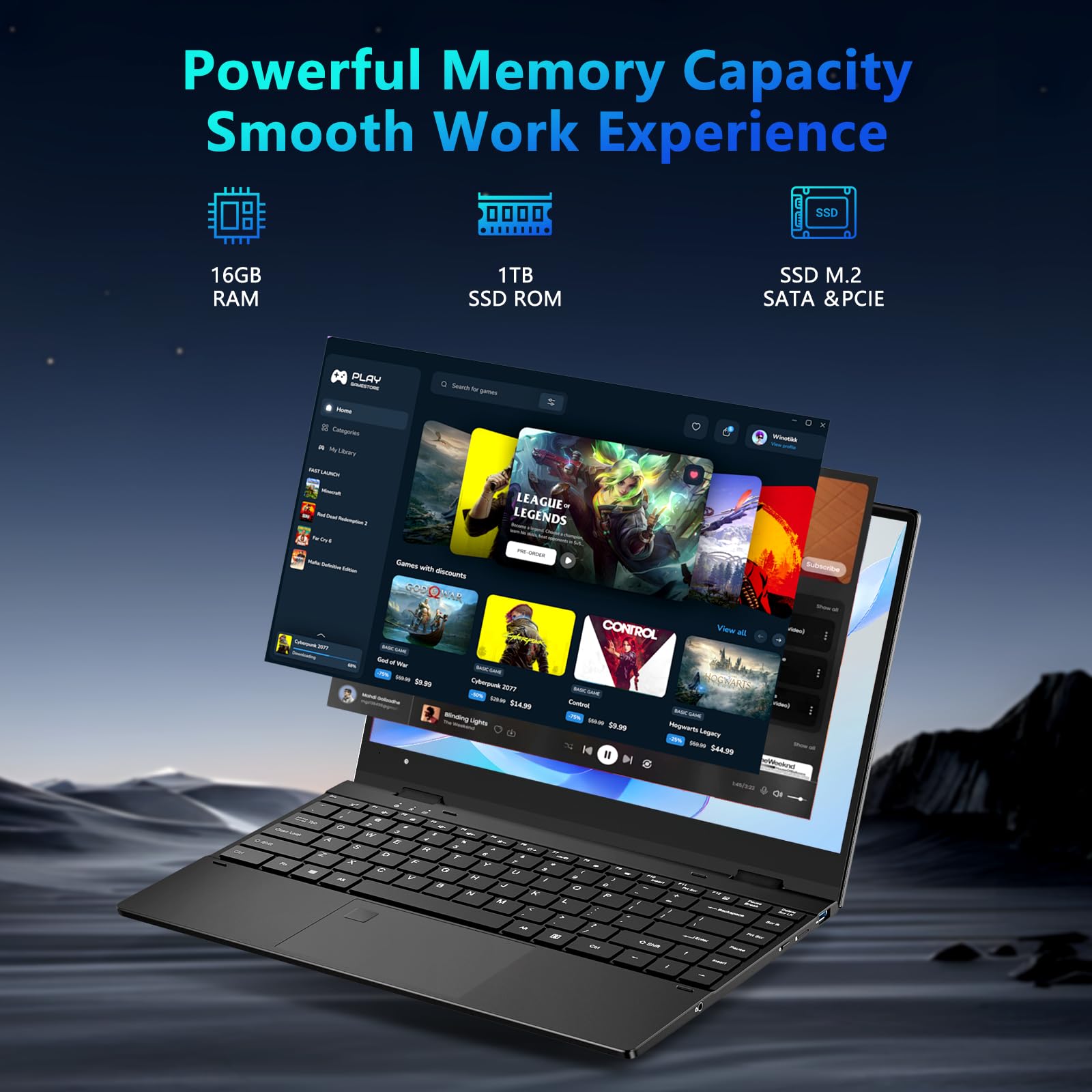 FUNYET Portatile 14 pollici, Windows 11 Pro laptop PC, N100 CPU 1920 × 1200P IPS schermo portatile FHD 16GB 1TB SSD USB Bluetooth mini HDMI WiFi tastiera retroilluminata
