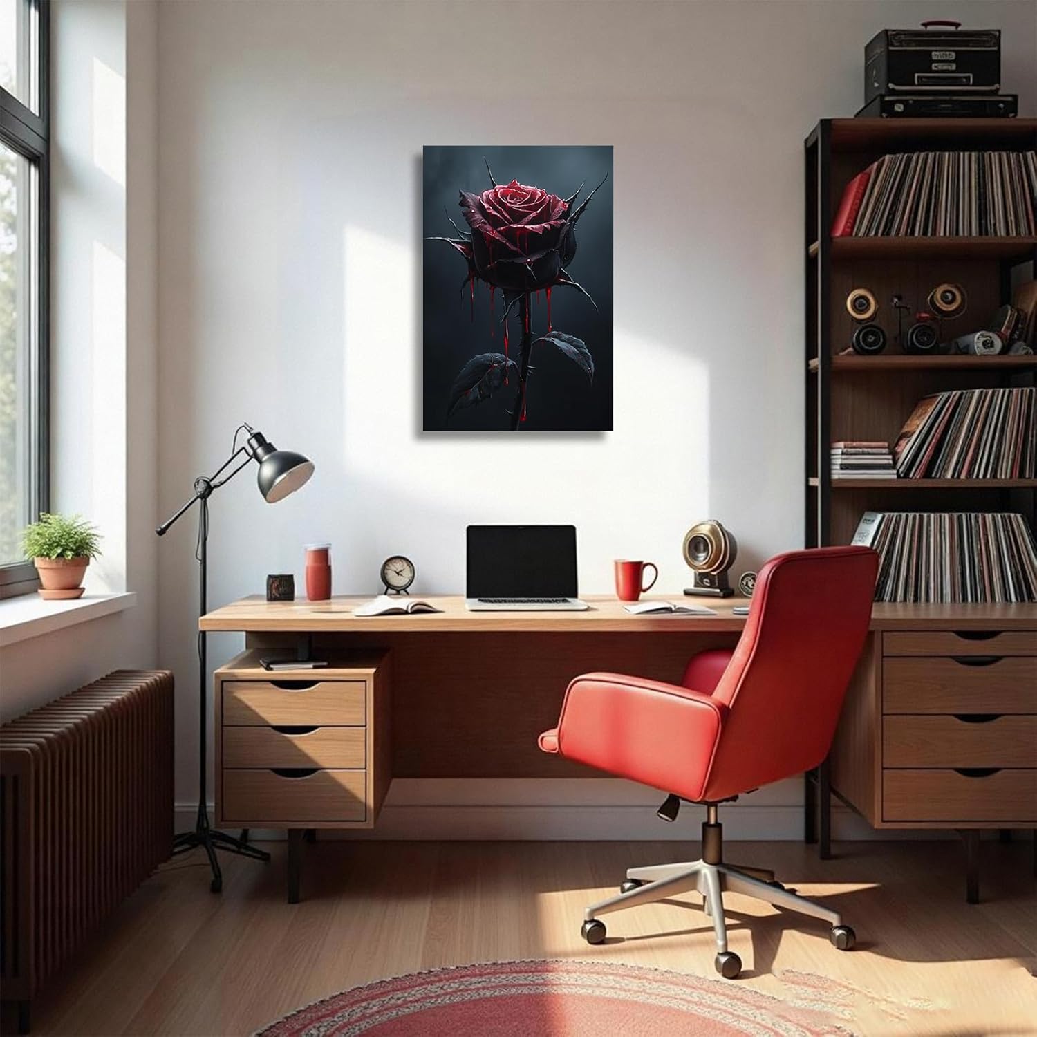 YMXDYMJSW Red Rose Canvas Wall Art Modern Abstract Rose Pictures Gothic Romantic Roses Poster Prints Black and Red Flowers Paintings for Bathroom Decor Frame (Blue,18L x 12W)