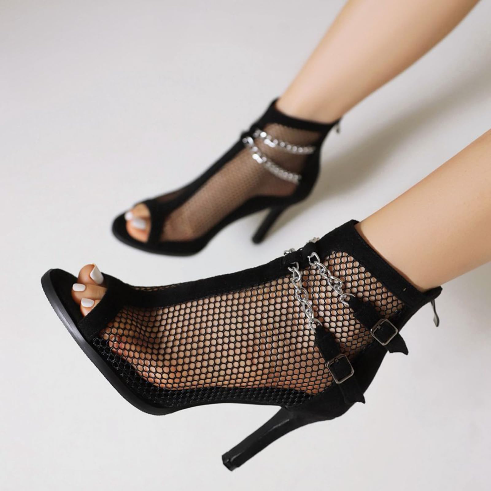 Stiletto botki z wycięciem na obcasie dla kobiet, na lato, ażurowe wzornictwo, z łańcuszkiem