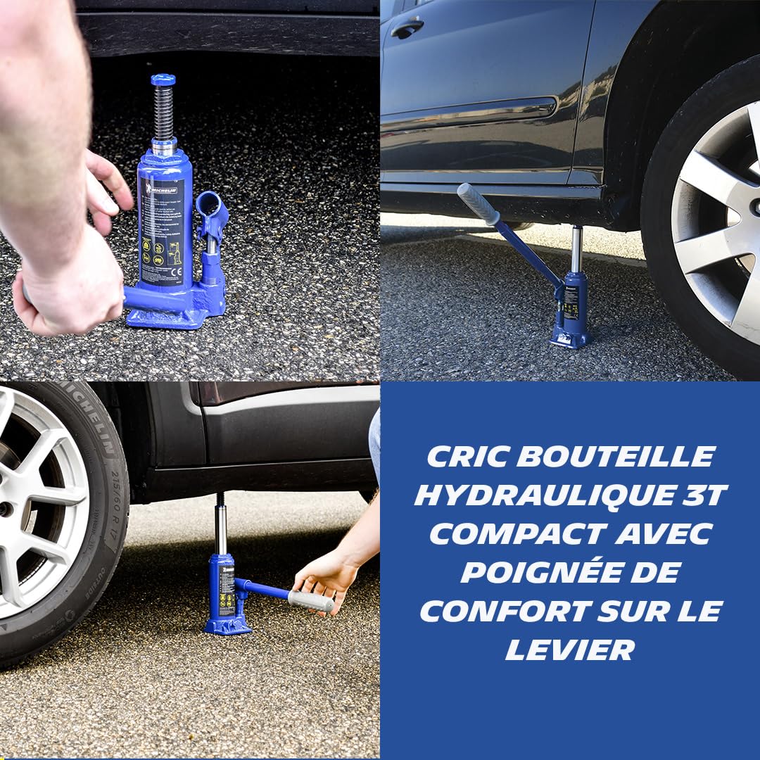 MICHELIN 009559 Cric hydraulique Bouteille 3T - Levage 195-385mm - Tige filetée réglable - Poignée Confort - Compact et Robuste pour Voitures, SUV, 4x4