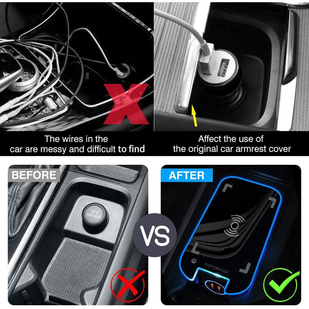 Nuevo Cargador Inalámbrico Coche para Volvo XC90 XC60 V90 V60 S90 S60 2016-2021 Consola Central Panel, 15W Carga Rápida Auto Teléfono Cargador con 2 18W QC3.0 USB Puertos para iPhone Samsung