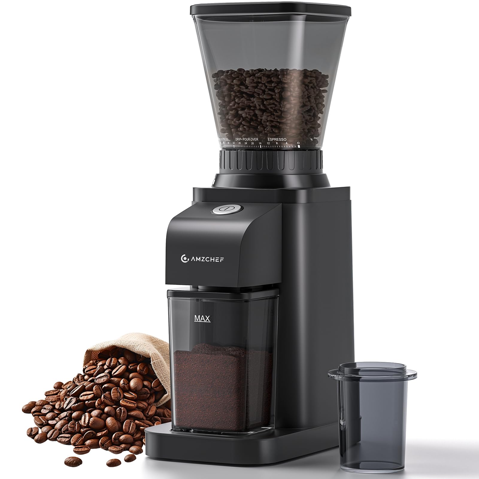 AMZCHEF Moulin A Café Électrique, moulin à café à meules coniques avec 48 réglages de mouture précis, capacité de 250 g pour café filtre, expresso, antistatique, interrupteur à un bouton