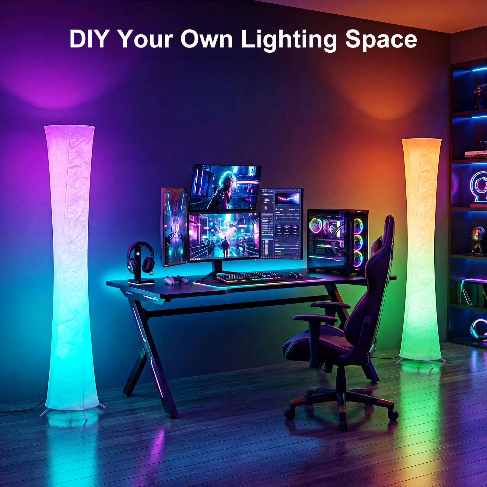 Okrągła lampa podłogowa, narożna lampa podłogowa RGB LED z synchronizacją muzyki, 16 W + kolorami i 3 temperaturami barwowymi, aplikacja i pilot zdalnego sterowania, nowoczesna lampa