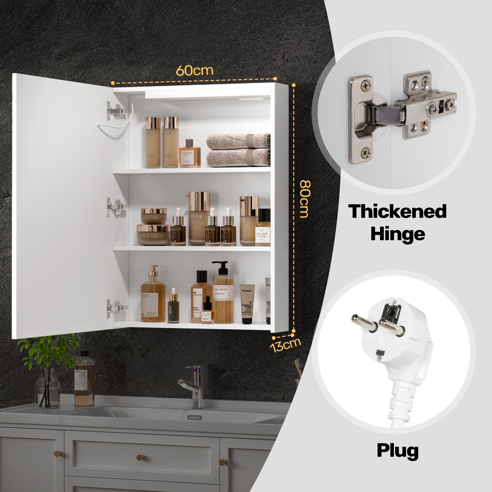 Armario Espejo para Baño con Iluminación LED, 3 Colores de Luz 6000K, Función Antivaho, Montaje en Pared, con Enchufe y Estante, Ahorra Espacio, Armario de Baño Moderno, 60 x 80cm, Blanco