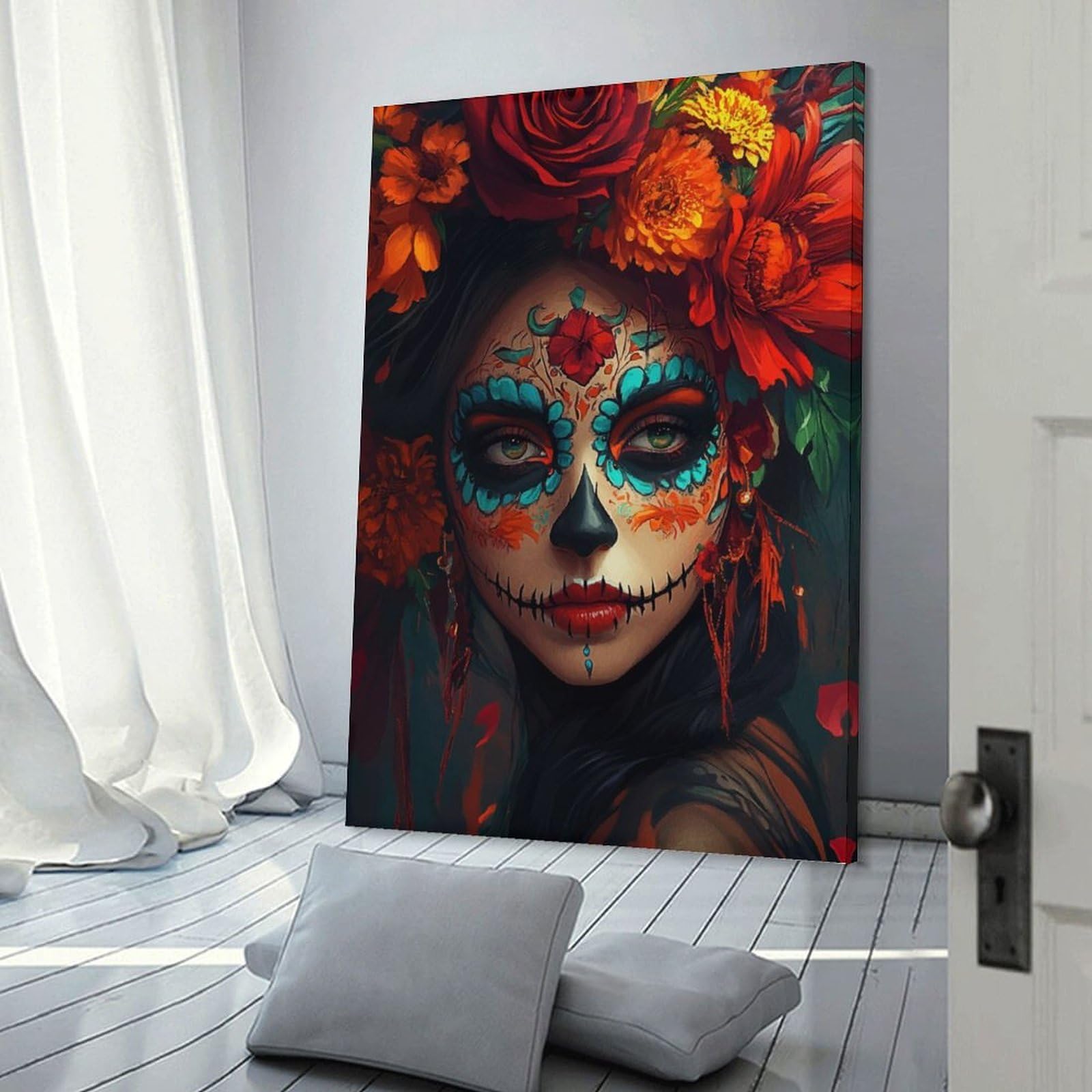 Junmoney Frame-Sugar Skull Woman Sugar Skull Woman Wall Decor Canvas Print 24X36inch(60X90cm), For Lounge, Study, Hallway Or Flat Walls, Decorative Artwork With Broad Appeal