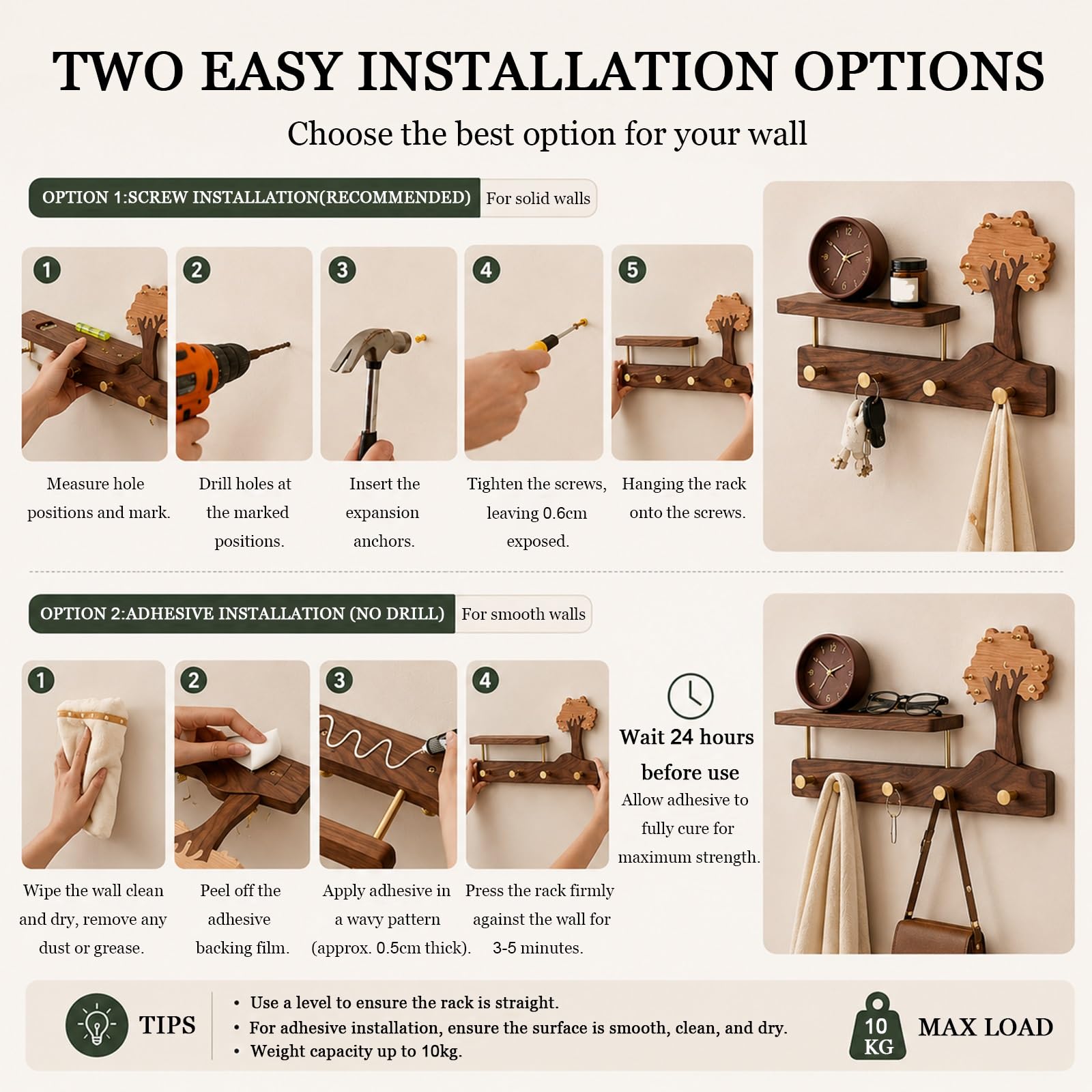 Mensola da Parete in Legno con Ganci - Legno Massello e Ottone, Design ad Albero, Soluzione Multifunzionale per Ingresso, Camera da Letto e Bagno - 41cm & 57cm(4 hooks)