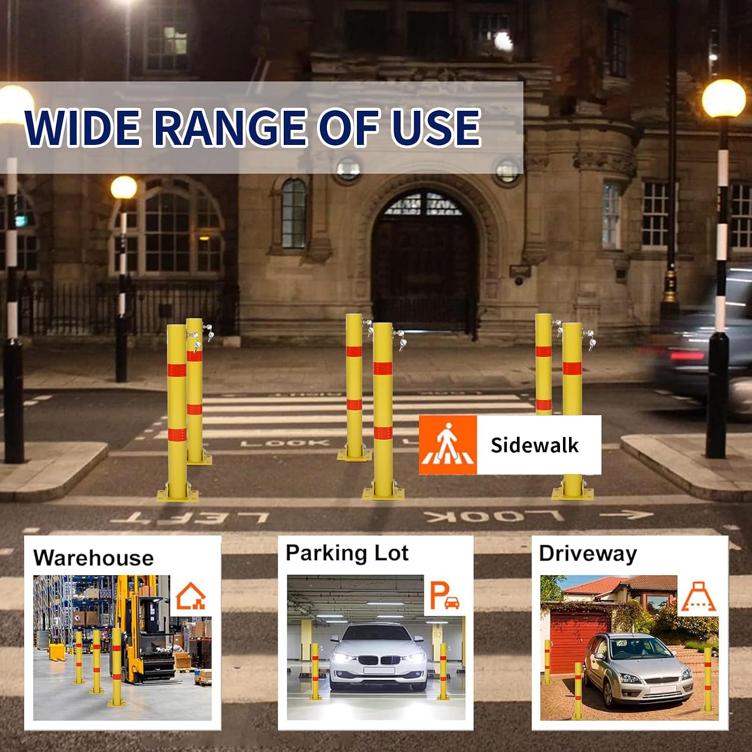 2 Packs Safety Bollard - Foldable Parking Bollard Pole Barrier with 4 Free Ancher Bolts & Lock | Yellow Steel Safety Bollard Post for Driveways, Parking Lots, Store Entrances and Sensitive Areas