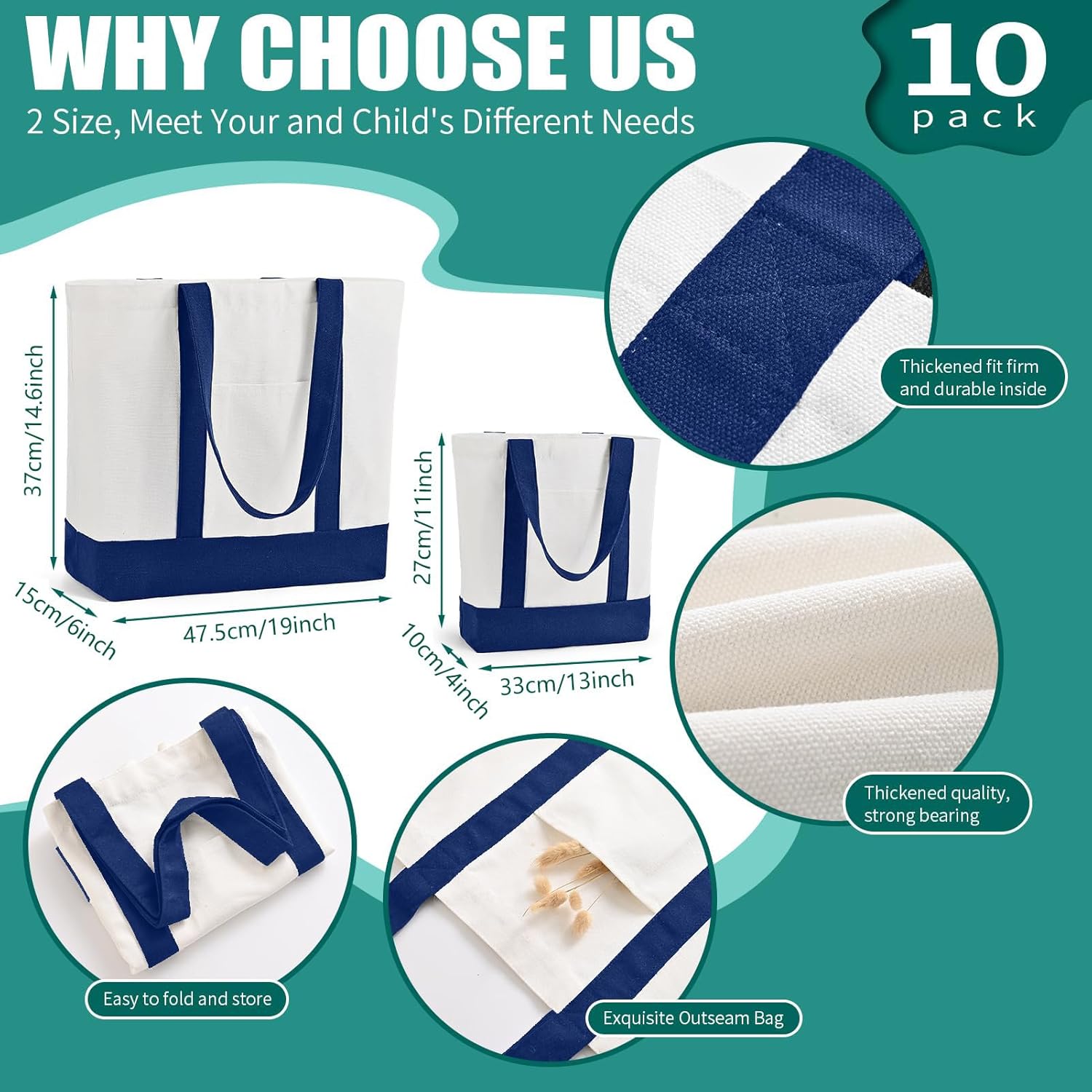 10Pcs Canvas Tote Bag Bulk with Outer Pocket, 12oz Cotton Blank Canvas Tote Bags 19 x 14.6Inch, 13 x 11Inch Reusable Grocery Bags Shopping Cloth Bags for Women, Navy Blue (5 Set Large & Medium) - Image 2