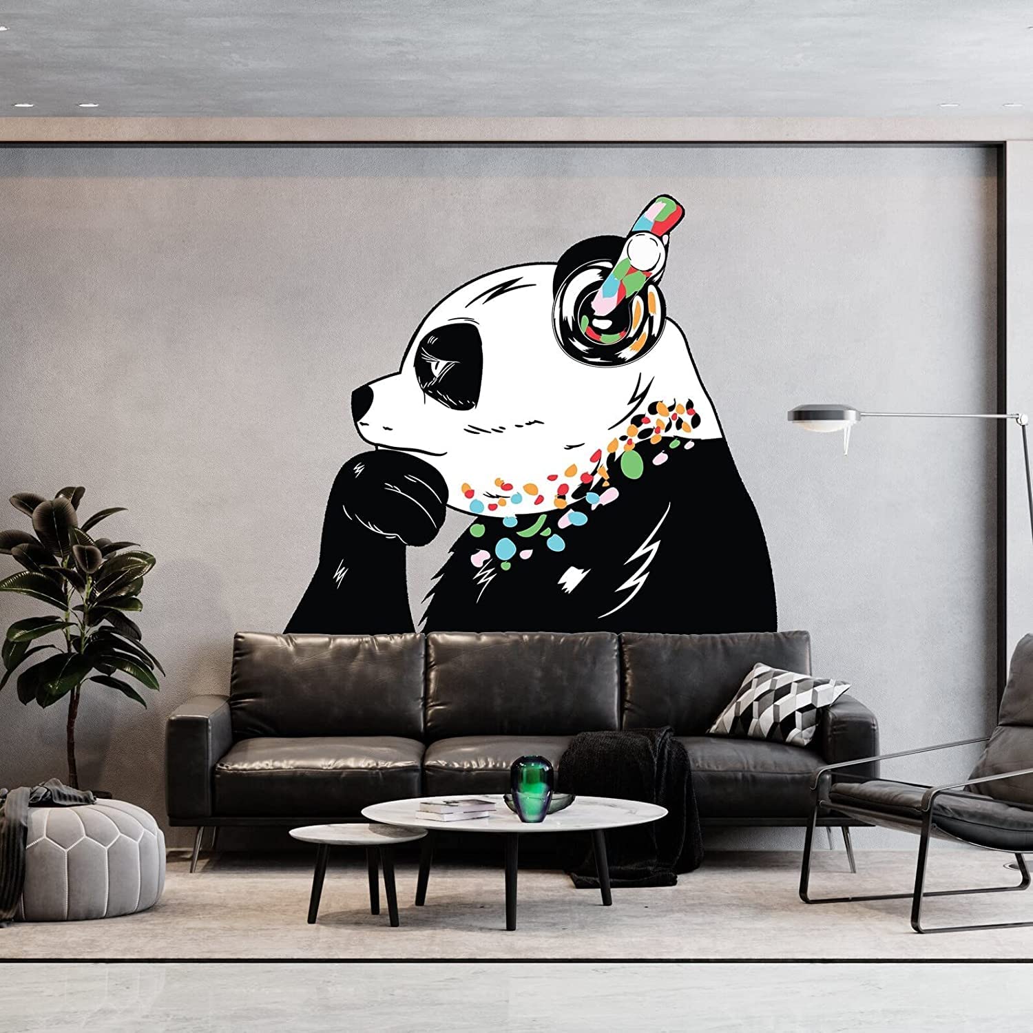 Panda Wandaufkleber – Thinking DJ Panda Bear Kopfhörer Vinyl Aufkleber – lustige coole Graffiti Musik Denker Pandas schwarz großes Wandbild (240 x 166 cm)