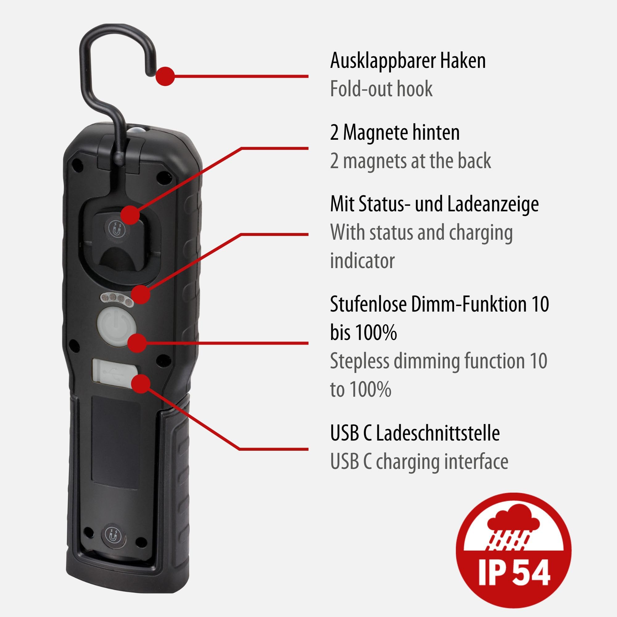 Brennenstuhl LED Rechargeable Torch HL 701 A/LED Work Light for Outdoor use IP54 (700+100lm, USB C Charging Cable Included - Image 3