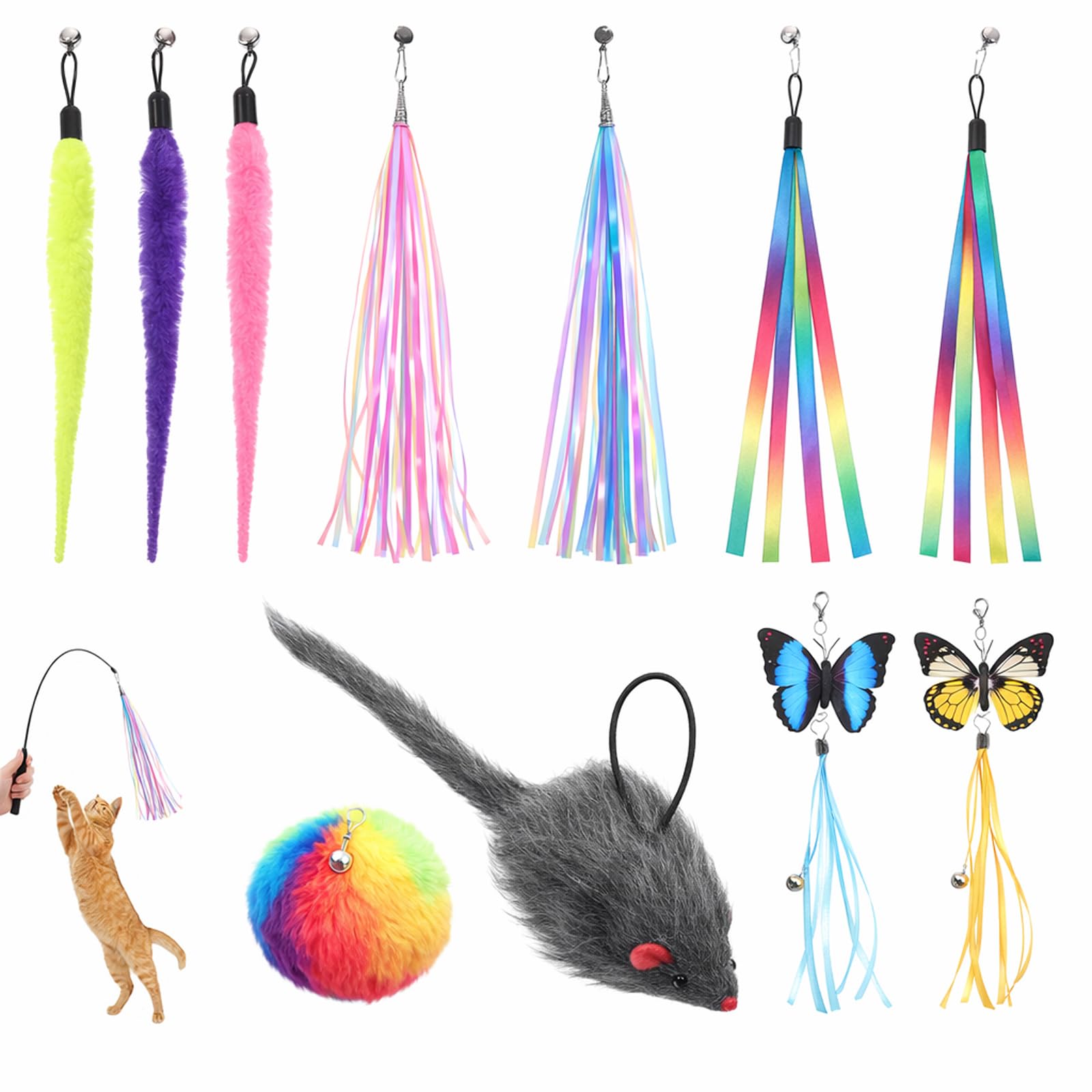 Xelsluthe 11 PCS Cat Wand Toy, Cat Feather Toy, CatWand Attachment Toys, Cats Feather Toys and Attachment Replacements for Interactive Play with Indoor Cats