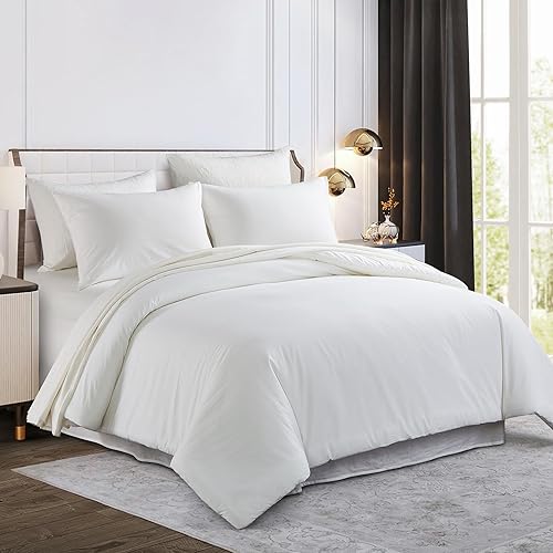 Miniatura 2 de SOFTPAGE Edredón de algodón para cama tamaño Queen, edredón blanco Queen, ropa de cama lavada con sensación de lino, edredón tamaño Queen de 3