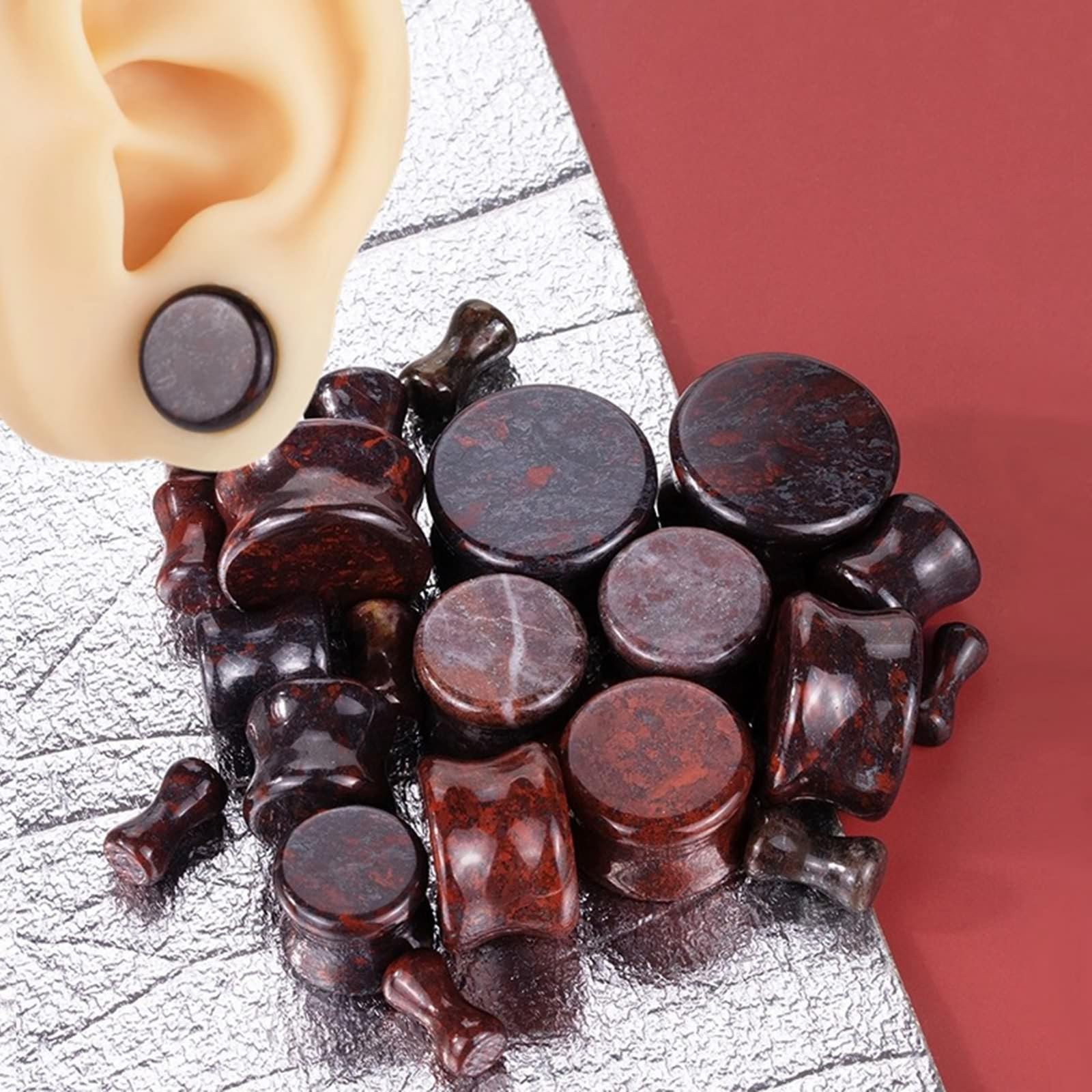 Herren-Ohrstecker, Verschiedene Größen, Tunnel-Plug-Ohrringe, 22 Stück, roter Stein, Doppelflare, Körperpiercing-Schmuck