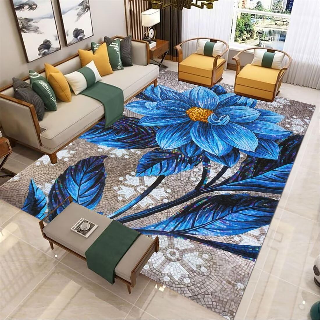 Tapis de grande surface bleu à motif fleurs pour salon élégant